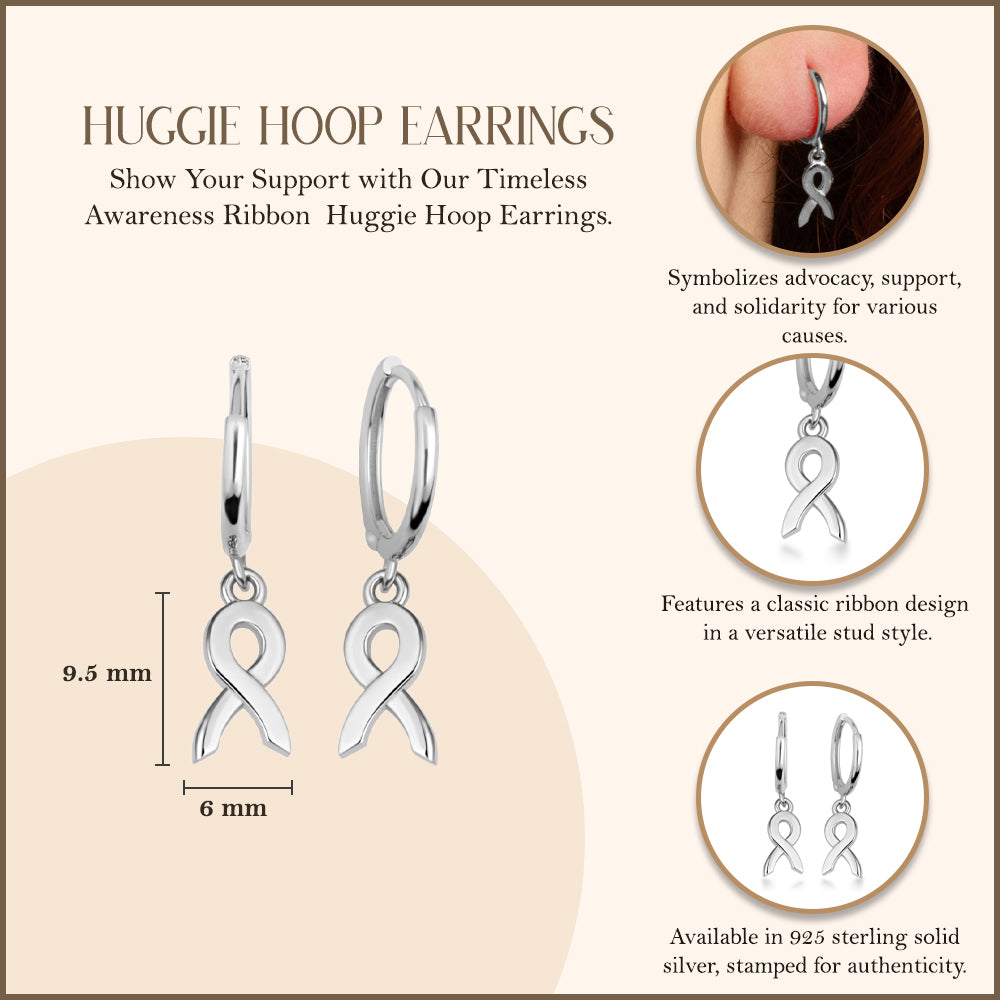 Sterling Silver Awareness Ribbon Drop Huggie Hoop Earrings, view 3
