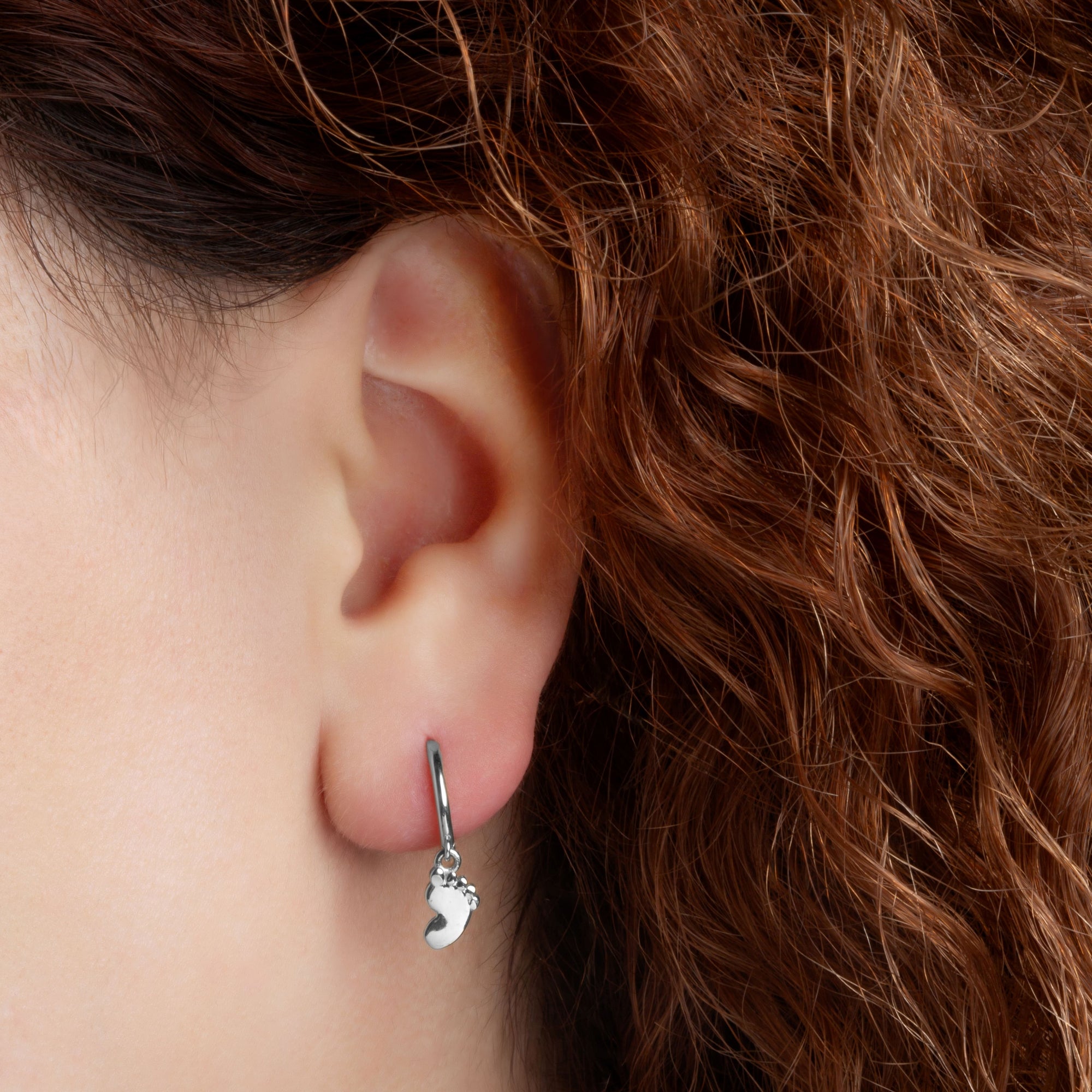 Sterling Silver Baby Foot Print Drop Huggie Hoop Earrings, view 2