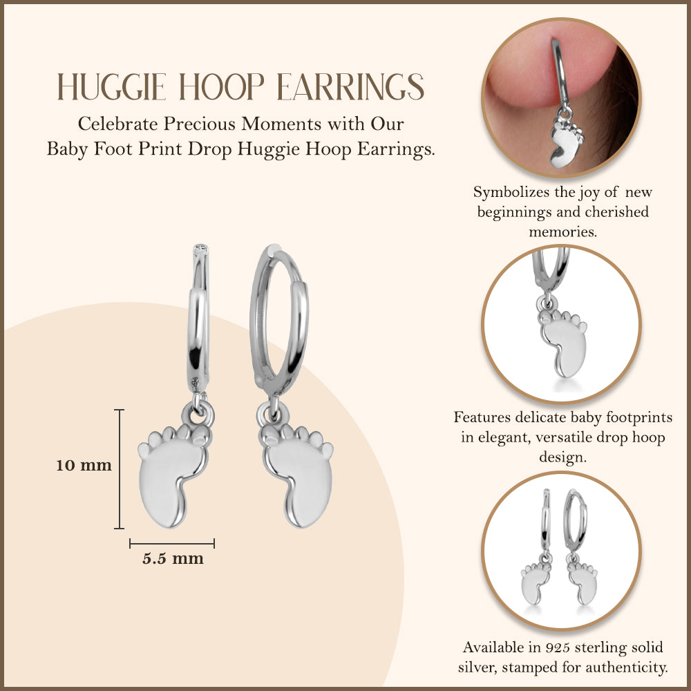 Sterling Silver Baby Foot Print Drop Huggie Hoop Earrings, view 3