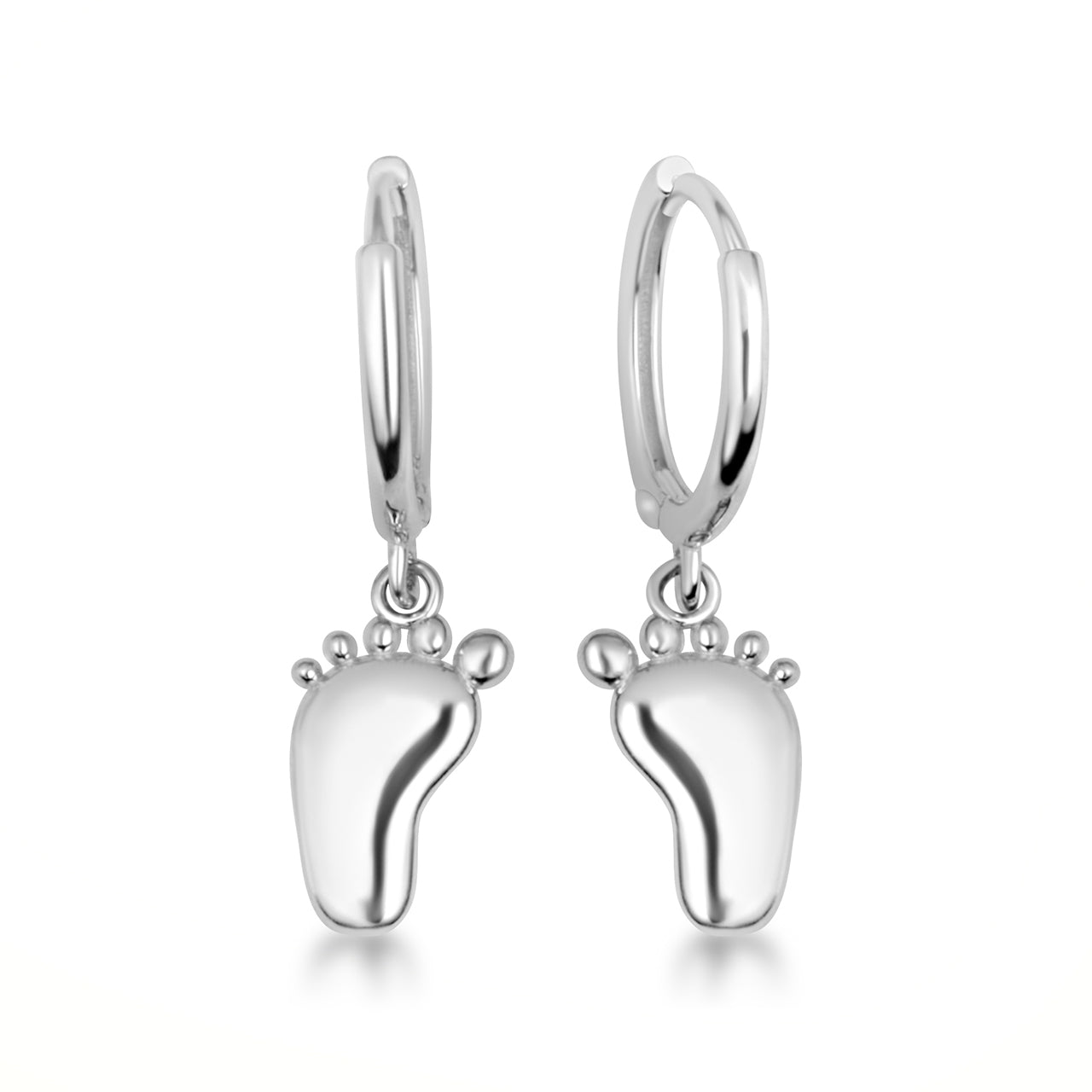 Sterling Silver Baby Foot Print Huggie Hoop Drop Earrings