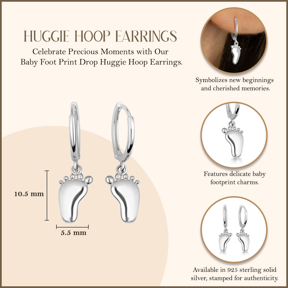 Sterling Silver Baby Foot Print Huggie Hoop Drop Earrings, view 3