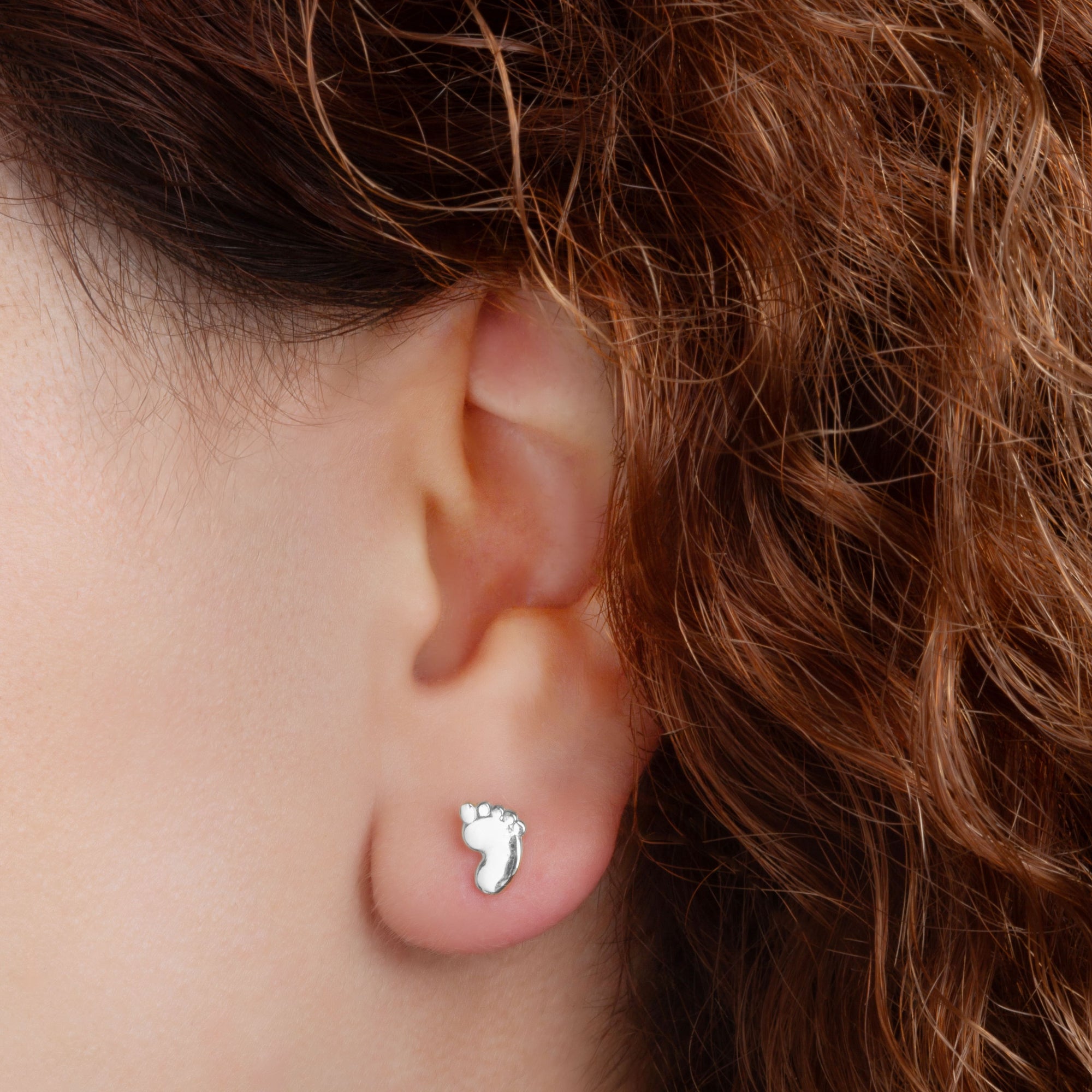Sterling Silver Baby Foot Print Stud Earrings, view 2