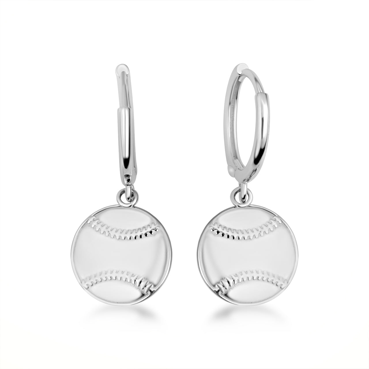 Sterling Silver Baseball Sports Drop Huggie Hoop Earrings