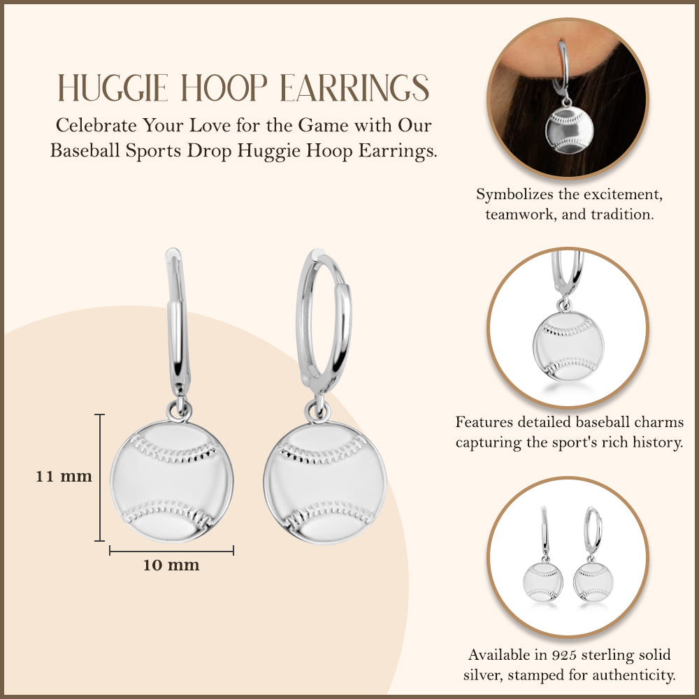 Sterling Silver Baseball Sports Drop Huggie Hoop Earrings, view 3