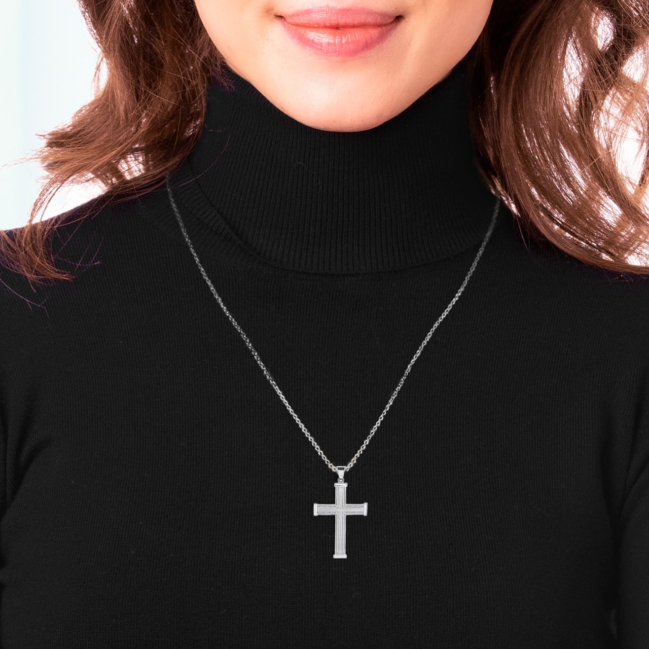 Sterling Silver Beaded Cross Pendant Necklace — Height: 1.3", view 2