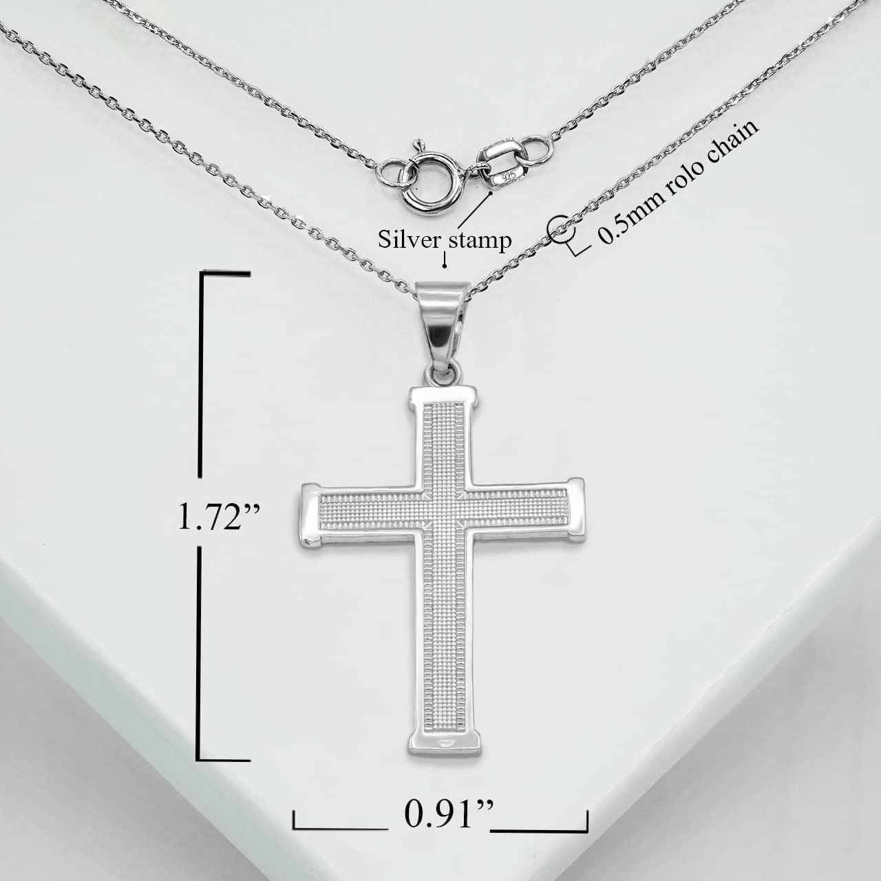 Sterling Silver Beaded Cross Pendant Necklace — Height: 1.3", view 4