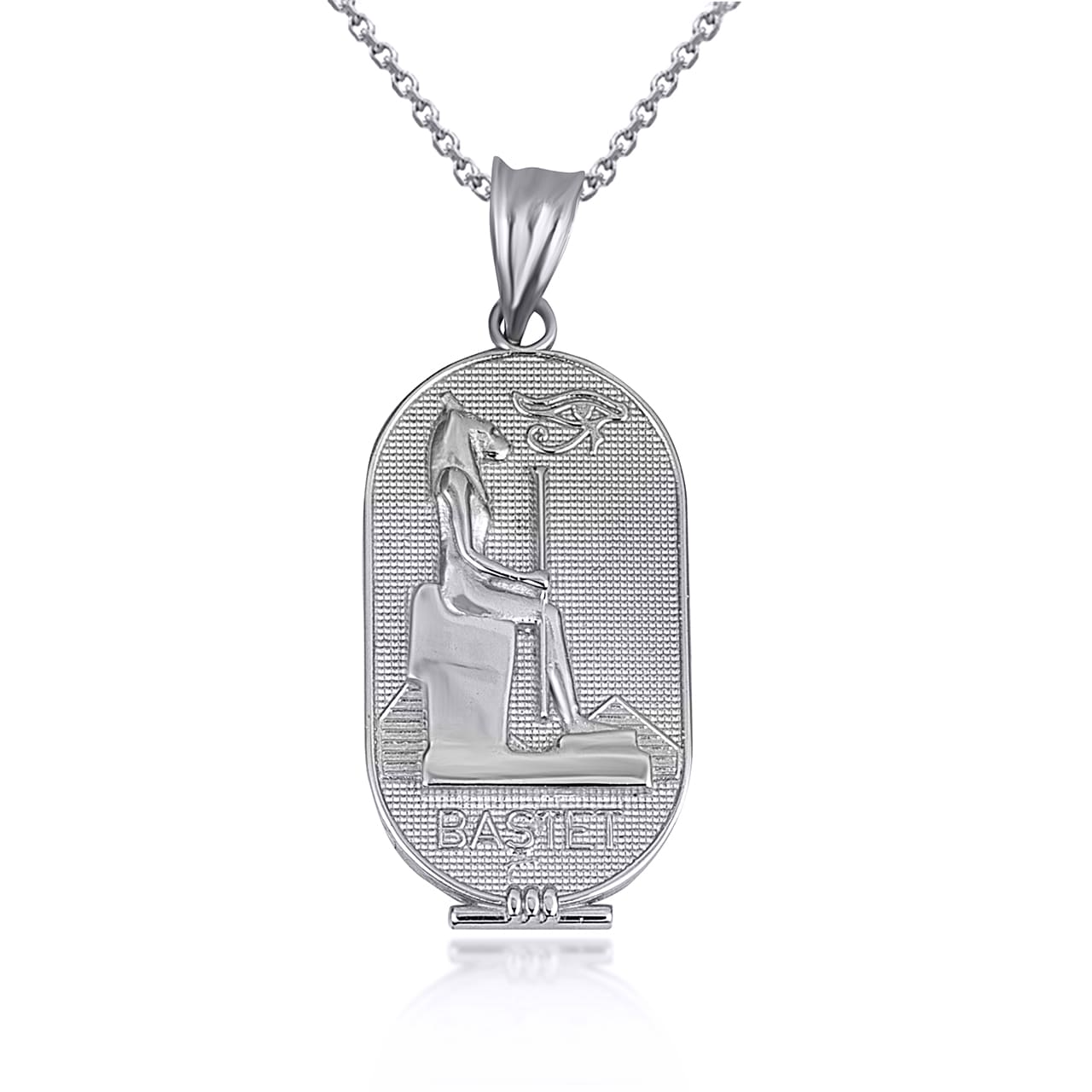 Sterling Silver Beaded Egyptian Goddess Bastet Oval Medallion Pendant Necklace, view 5
