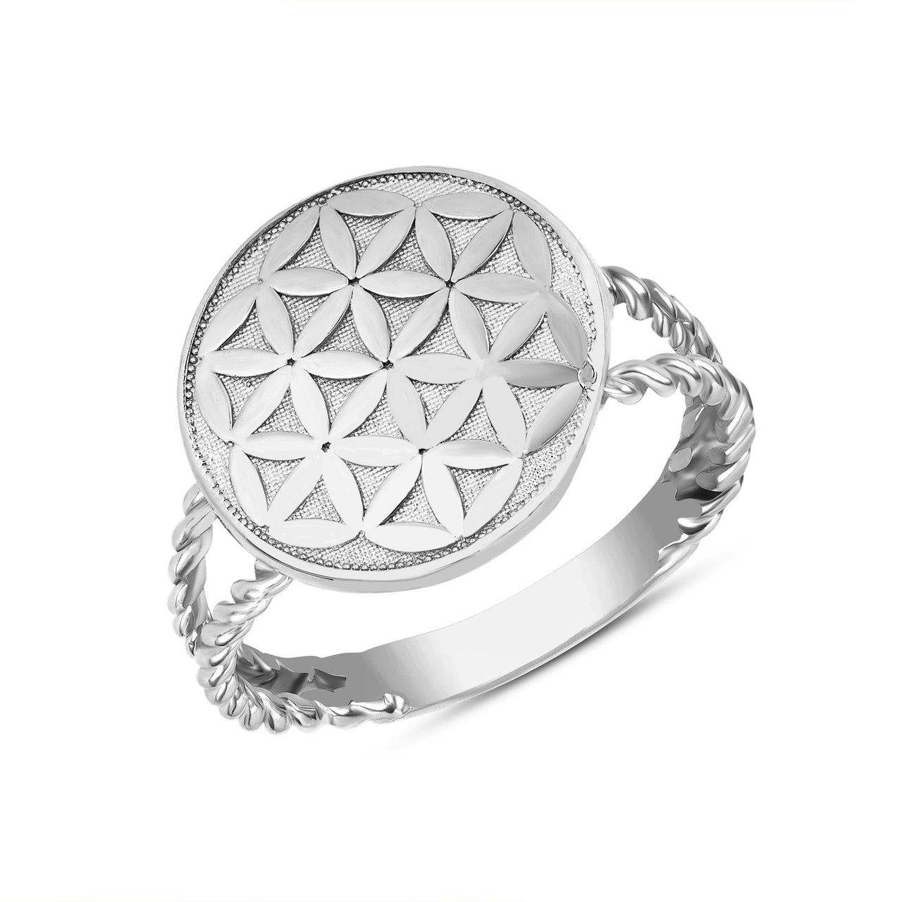Sterling Silver Beaded Flower of Life Signet Rope Band Ring