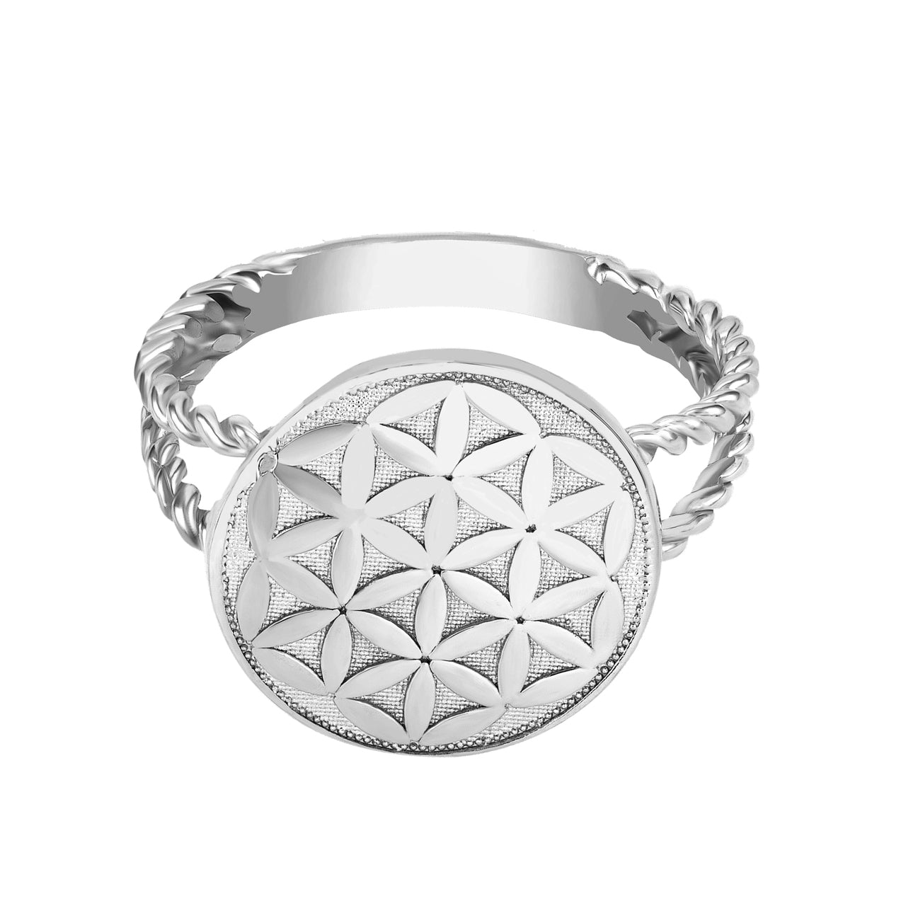 Sterling Silver Beaded Flower of Life Signet Rope Band Ring, view 2
