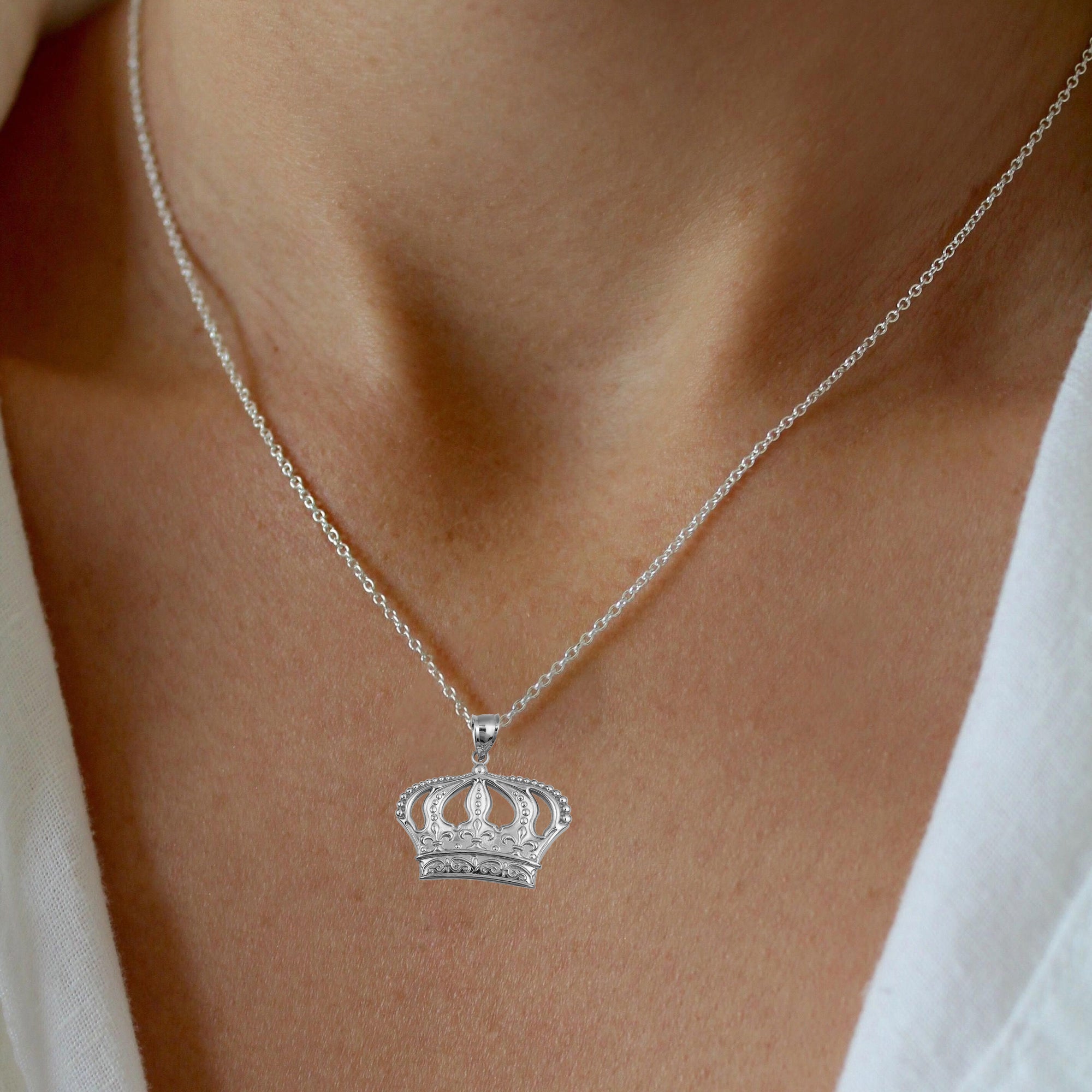 Sterling Silver Beaded French Fleur-de-lis Crown Victorian Filigree Pendant Necklace, view 2