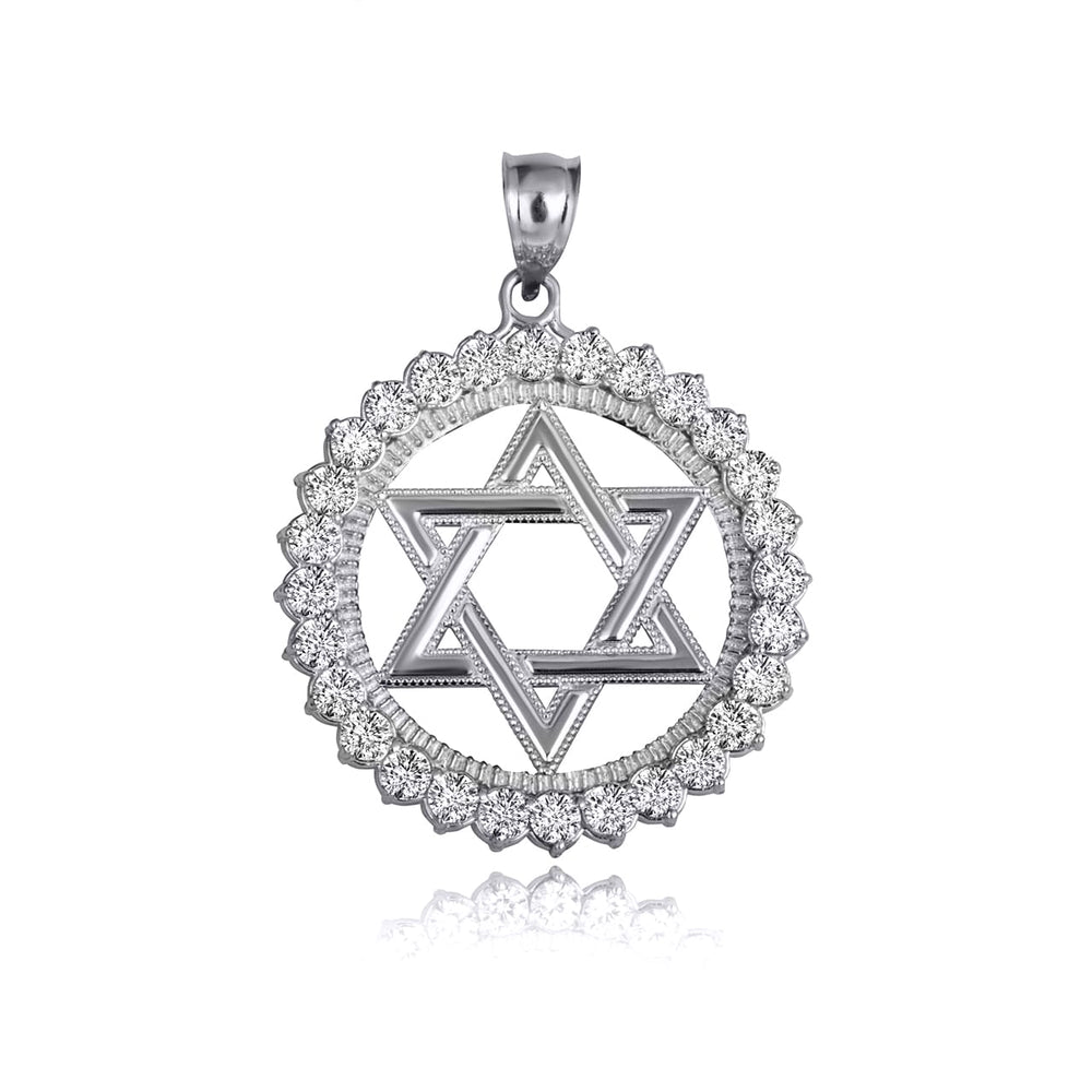 Sterling Silver Beaded Jewish Star Of David Round Cubic Zirconia Pendant Necklace