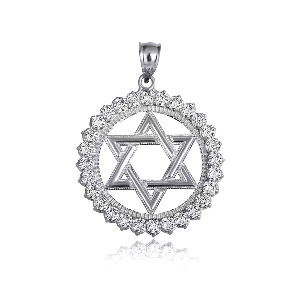 Sterling Silver Beaded Jewish Star Of David Round Cubic Zirconia Pendant Necklace