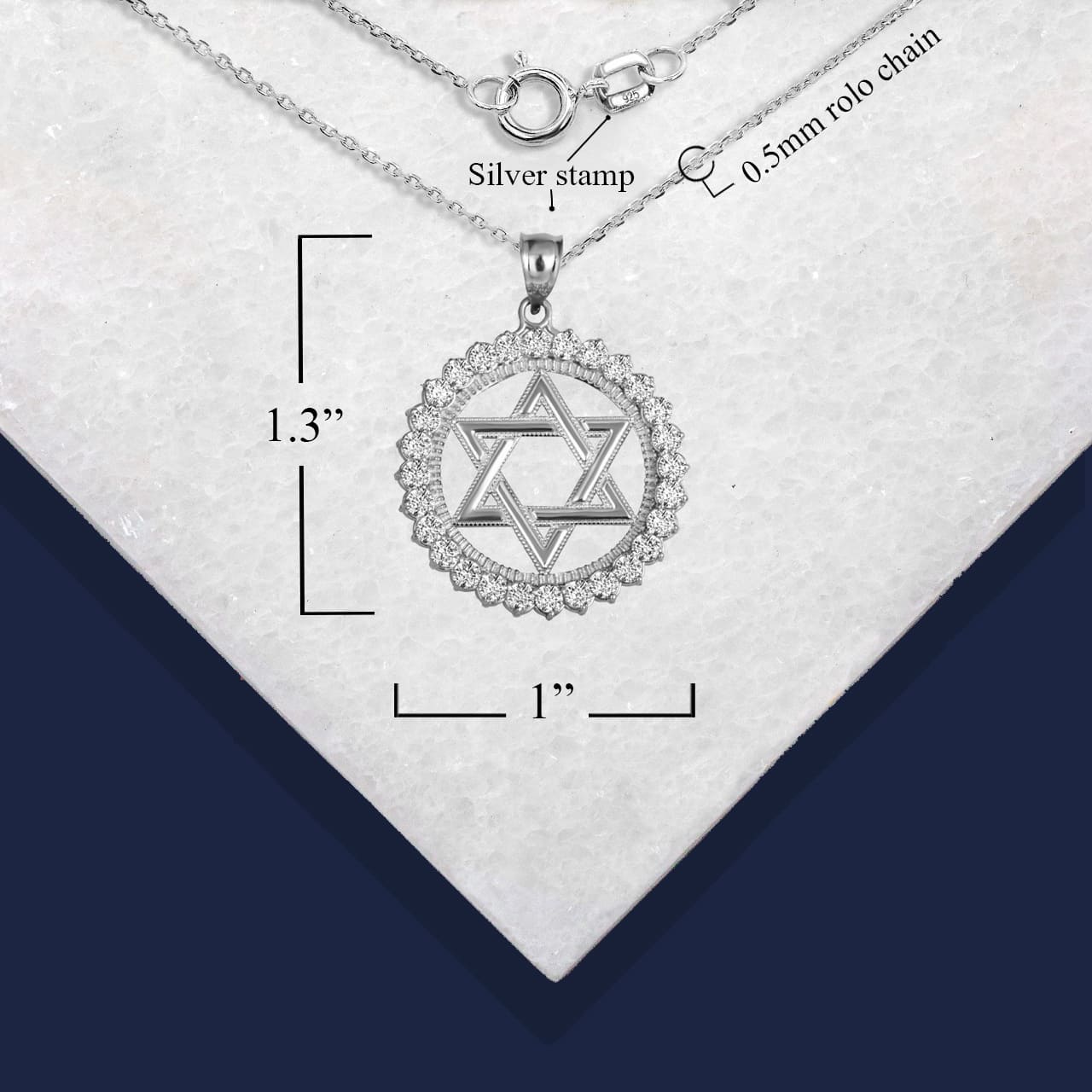 Sterling Silver Beaded Jewish Star Of David Round Cubic Zirconia Pendant Necklace, view 3