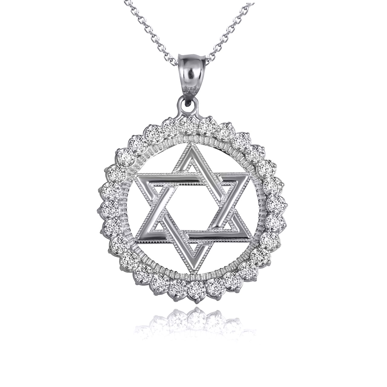 Sterling Silver Beaded Jewish Star Of David Round Cubic Zirconia Pendant Necklace, view 4