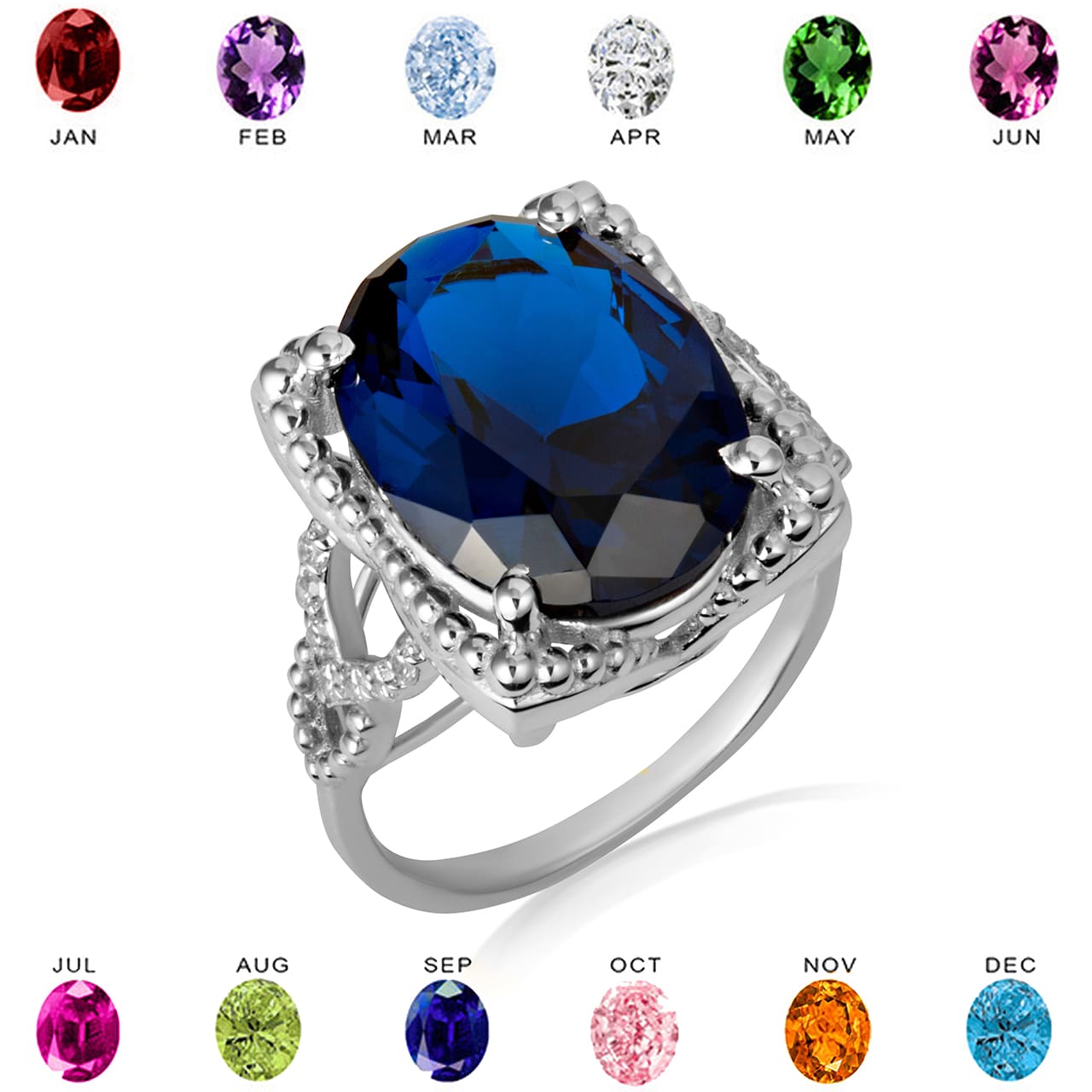 Sterling Silver Beaded Oval Gemstone Chevron Ring