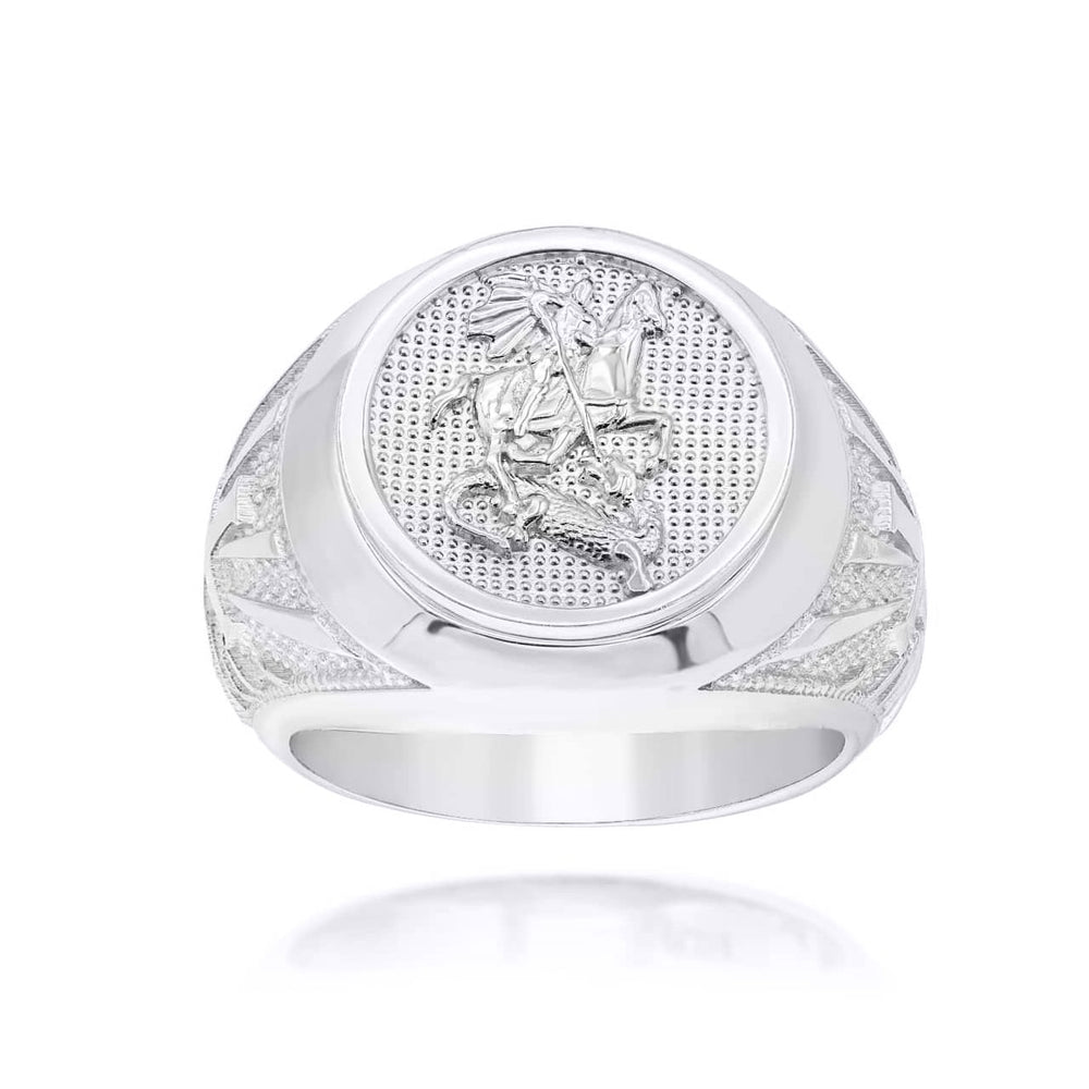 Sterling Silver Beaded Patron Saint George Dragon Cross Signet Ring