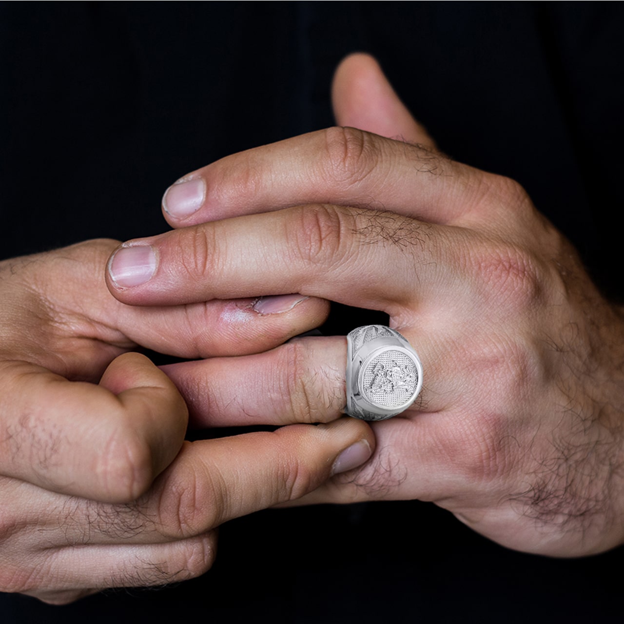 Sterling Silver Beaded Patron Saint George Dragon Cross Signet Ring, view 3