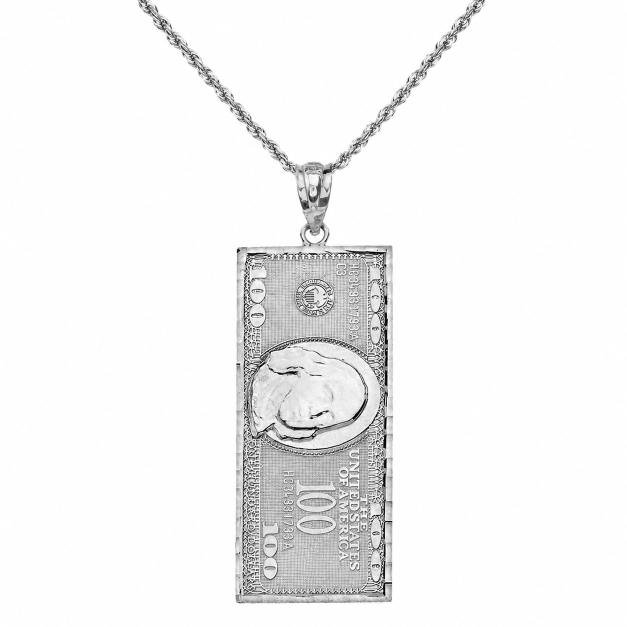 Sterling Silver Benjamin Franklin United States American Hundred Dollar Bill Pendant Necklace (Large)