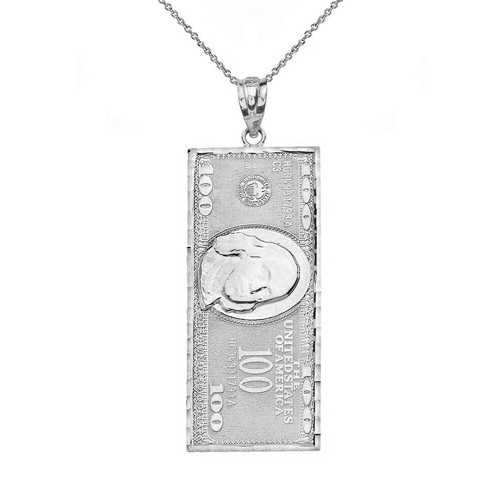 Sterling Silver Benjamin Franklin United States American Hundred Dollar Bill Pendant Necklace (Medium)