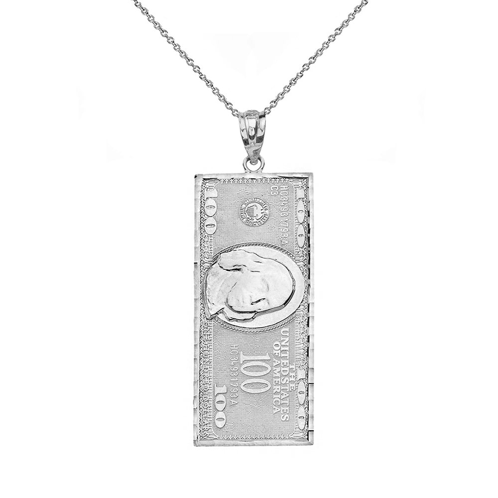 Sterling Silver Benjamin Franklin United States American Hundred Dollar Bill Pendant Necklace (Small)