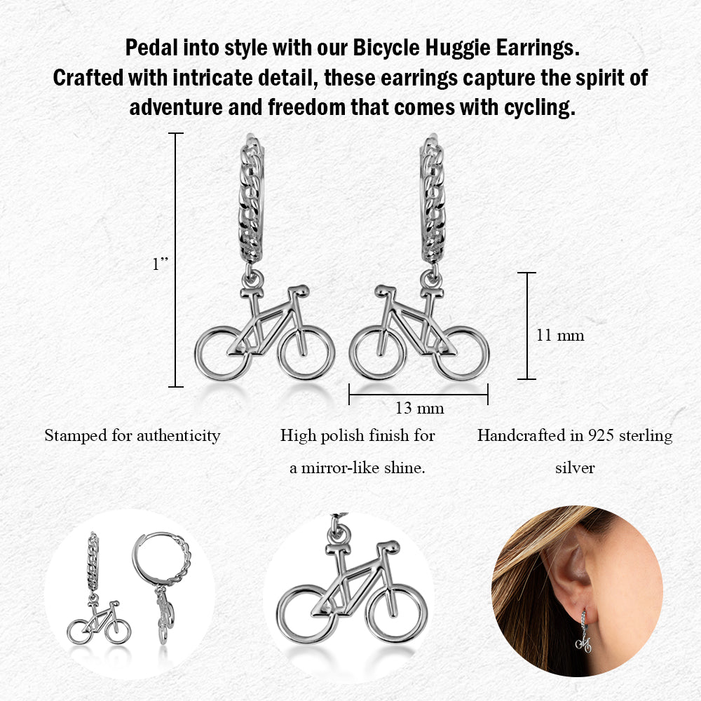Sterling Silver Bicycle Cuban Link Huggie Hoop Earrings, view 3