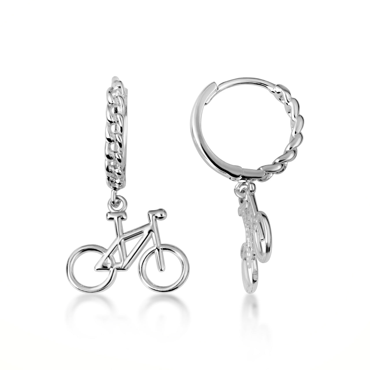Sterling Silver Bicycle Cuban Link Huggie Hoop Earrings, view 4