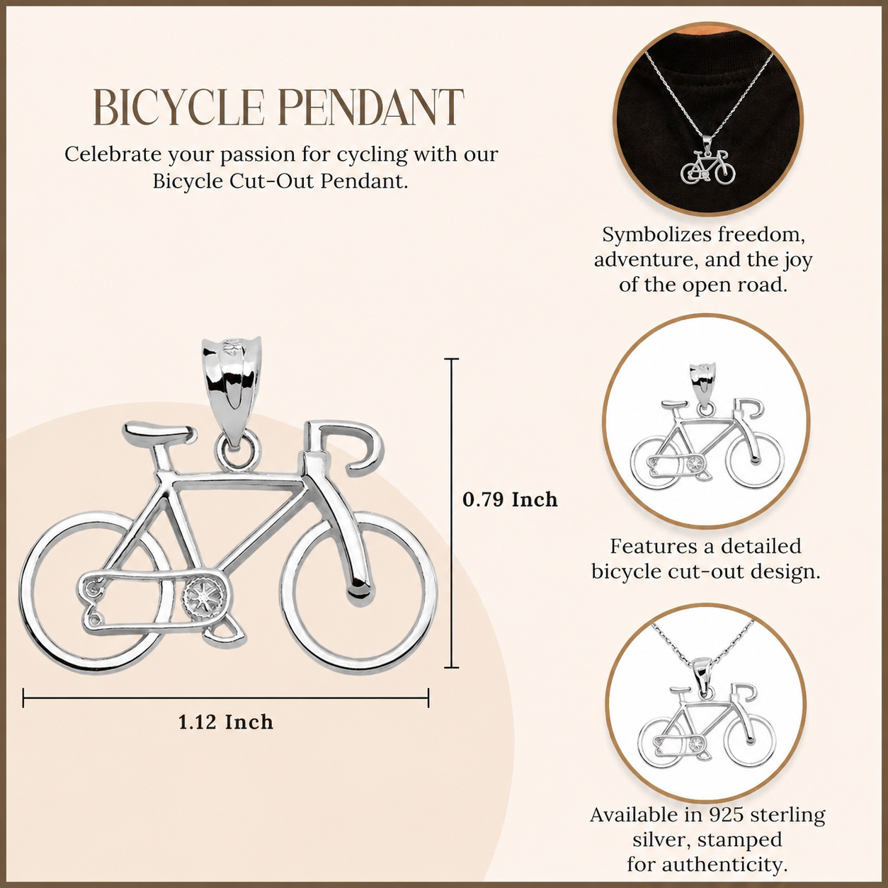 Sterling Silver Bicycle Pendant Necklace, view 3