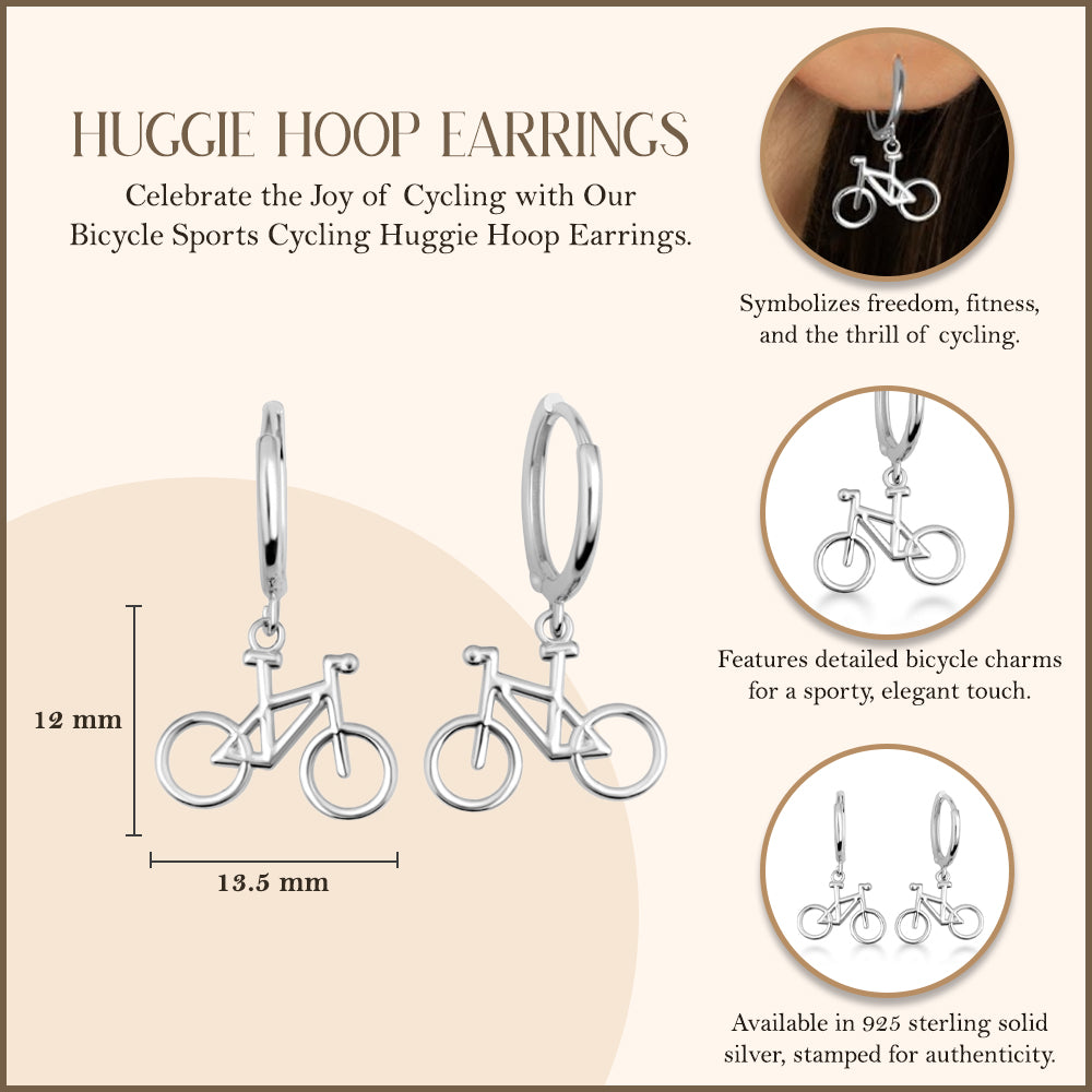Sterling Silver Bicycle Sports Cycling Huggie Hoop Earrings, view 3