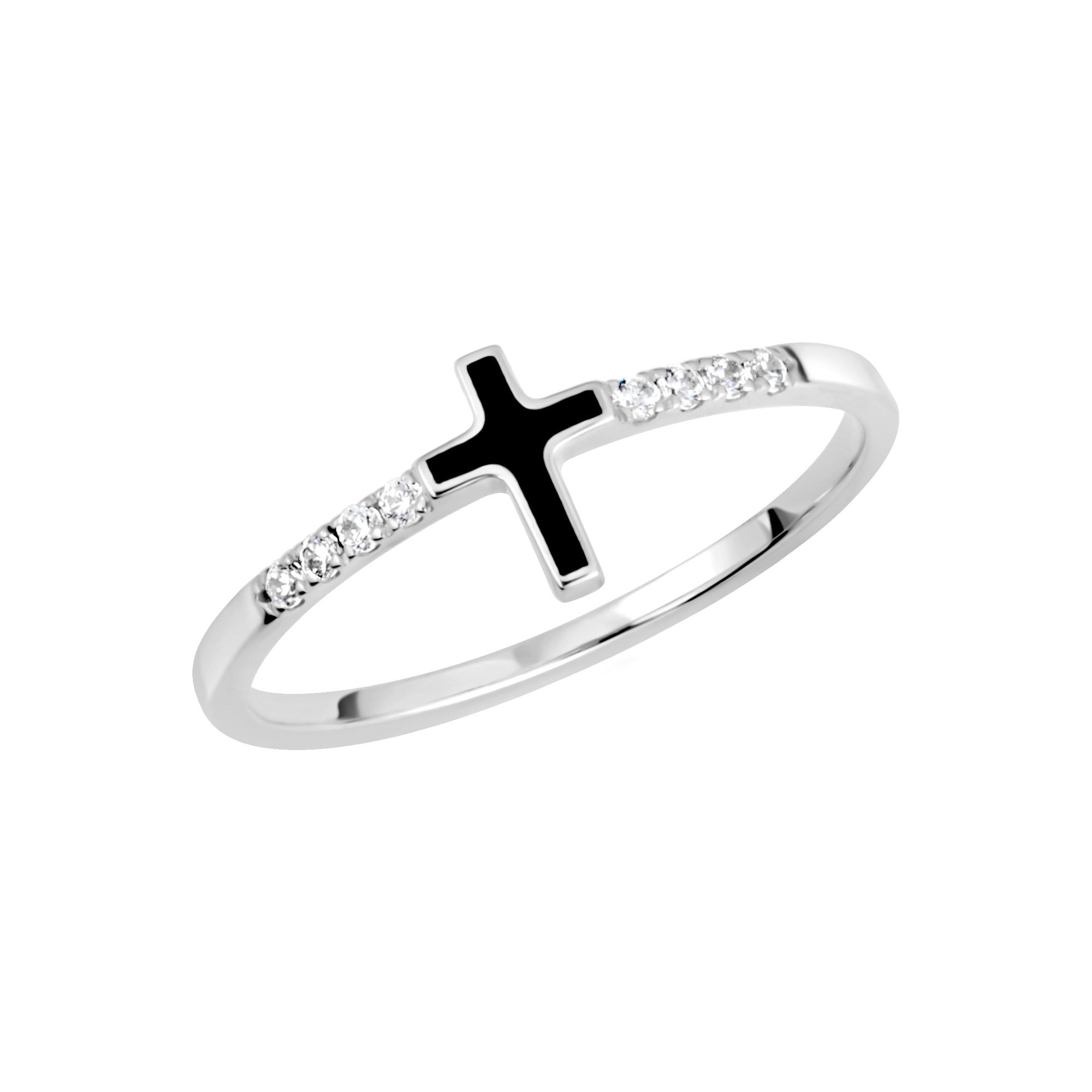 Sterling Silver Black Enamel Cross Cubic Zirconia Ring