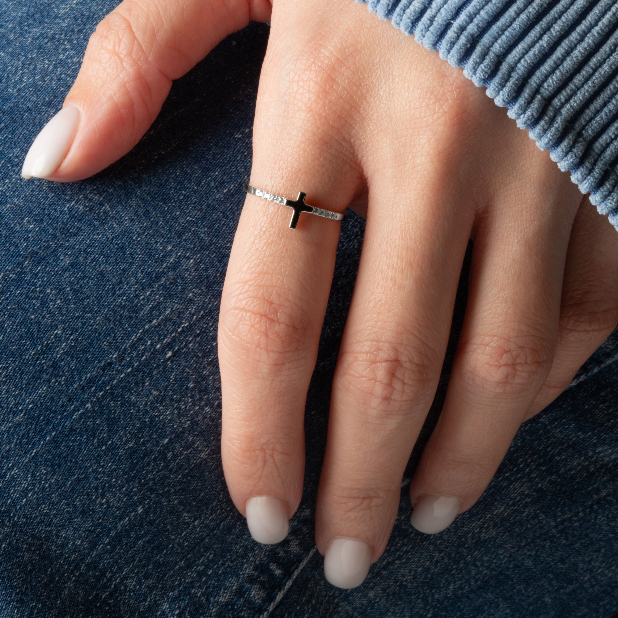 Sterling Silver Black Enamel Cross Cubic Zirconia Ring, view 2