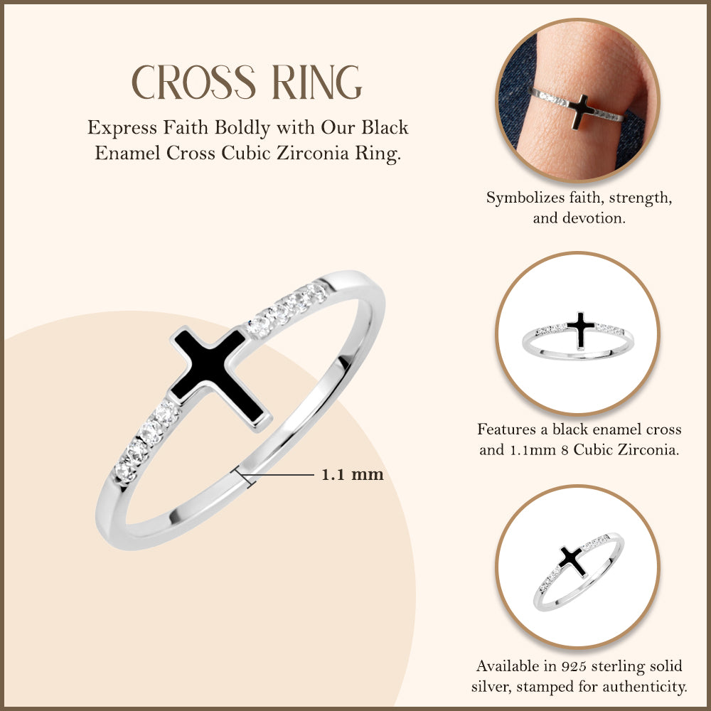 Sterling Silver Black Enamel Cross Cubic Zirconia Ring, view 3