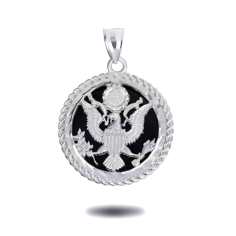 Sterling Silver Black Onyx American Eagle United States Seal Rope Medallion Pendant Necklace