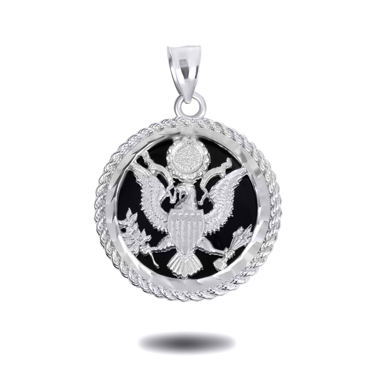 Sterling Silver Black Onyx American Eagle United States Seal Rope Medallion Pendant Necklace