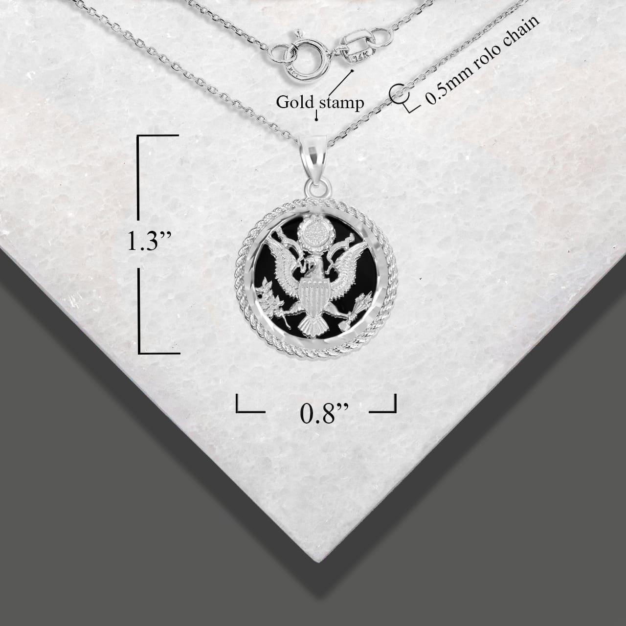 Sterling Silver Black Onyx American Eagle United States Seal Rope Medallion Pendant Necklace, view 3