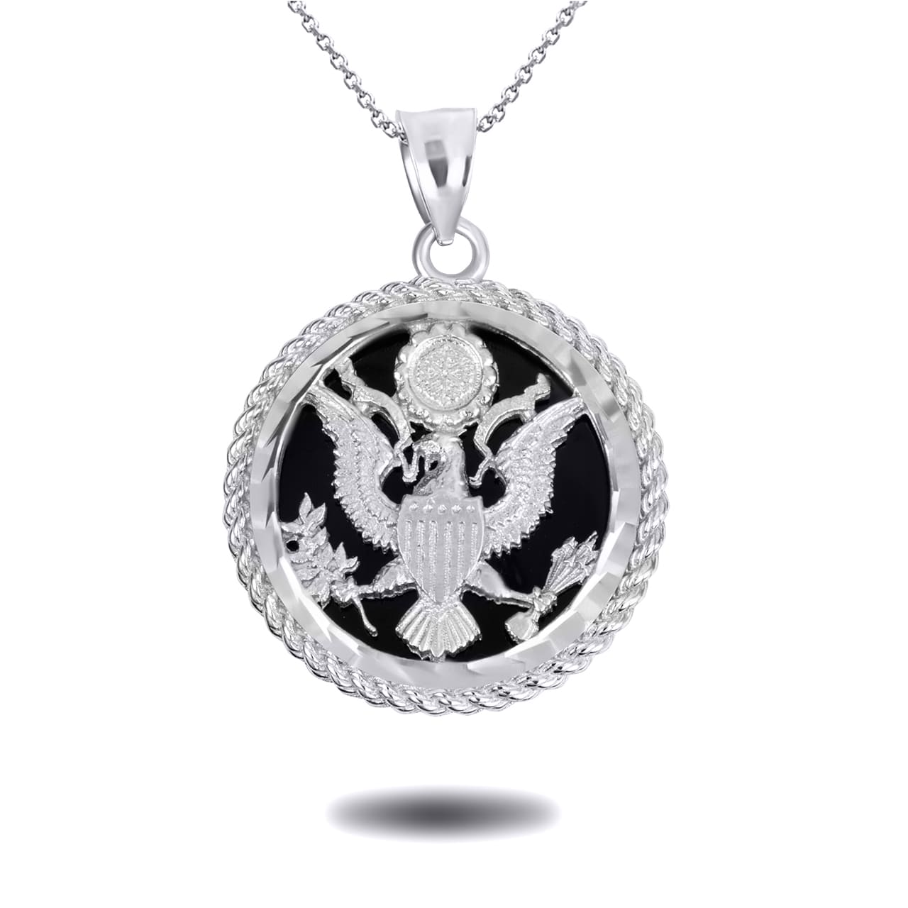 Sterling Silver Black Onyx American Eagle United States Seal Rope Medallion Pendant Necklace, view 4