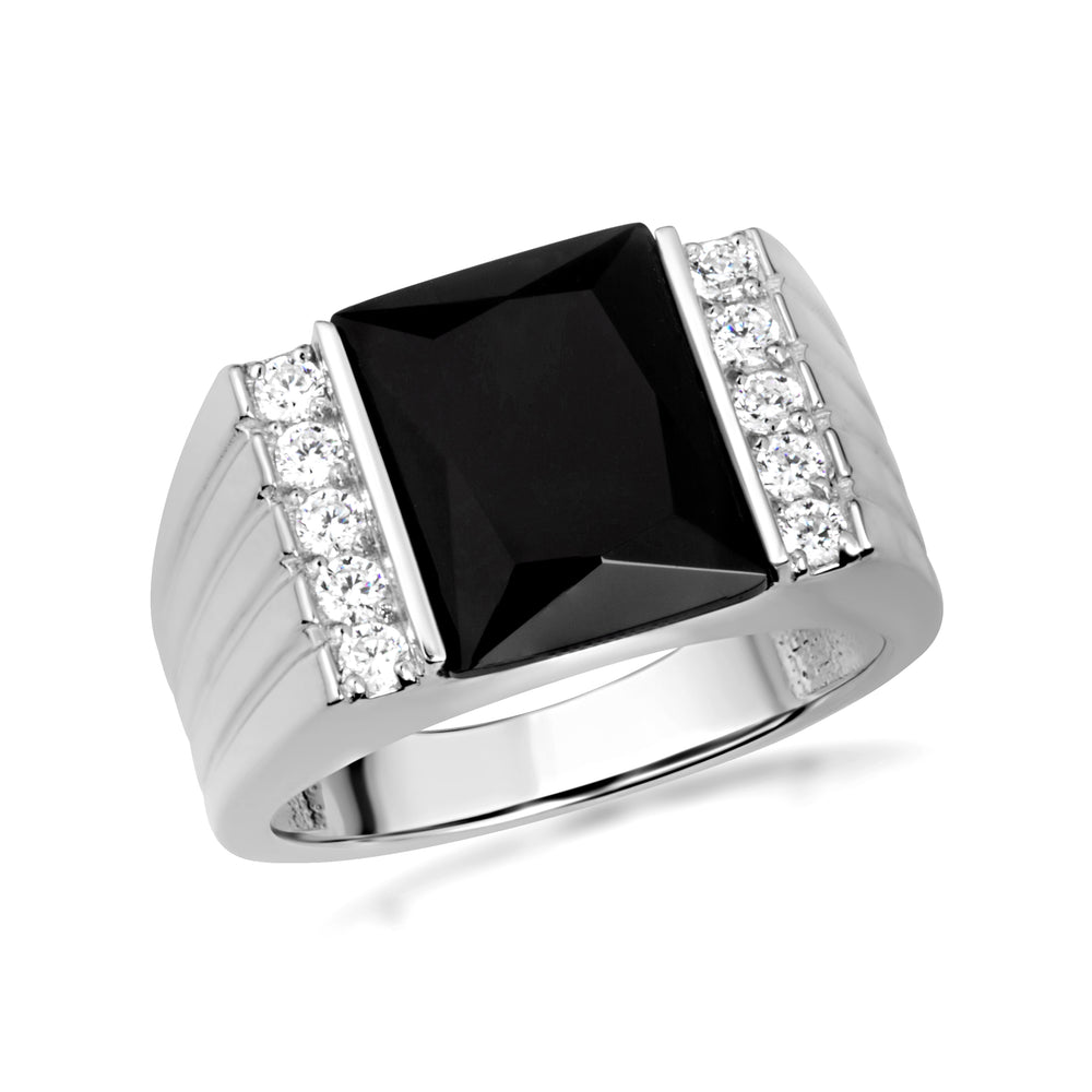 Sterling Silver Black Onyx Birthstone Cubic Zirconia Signet Ring