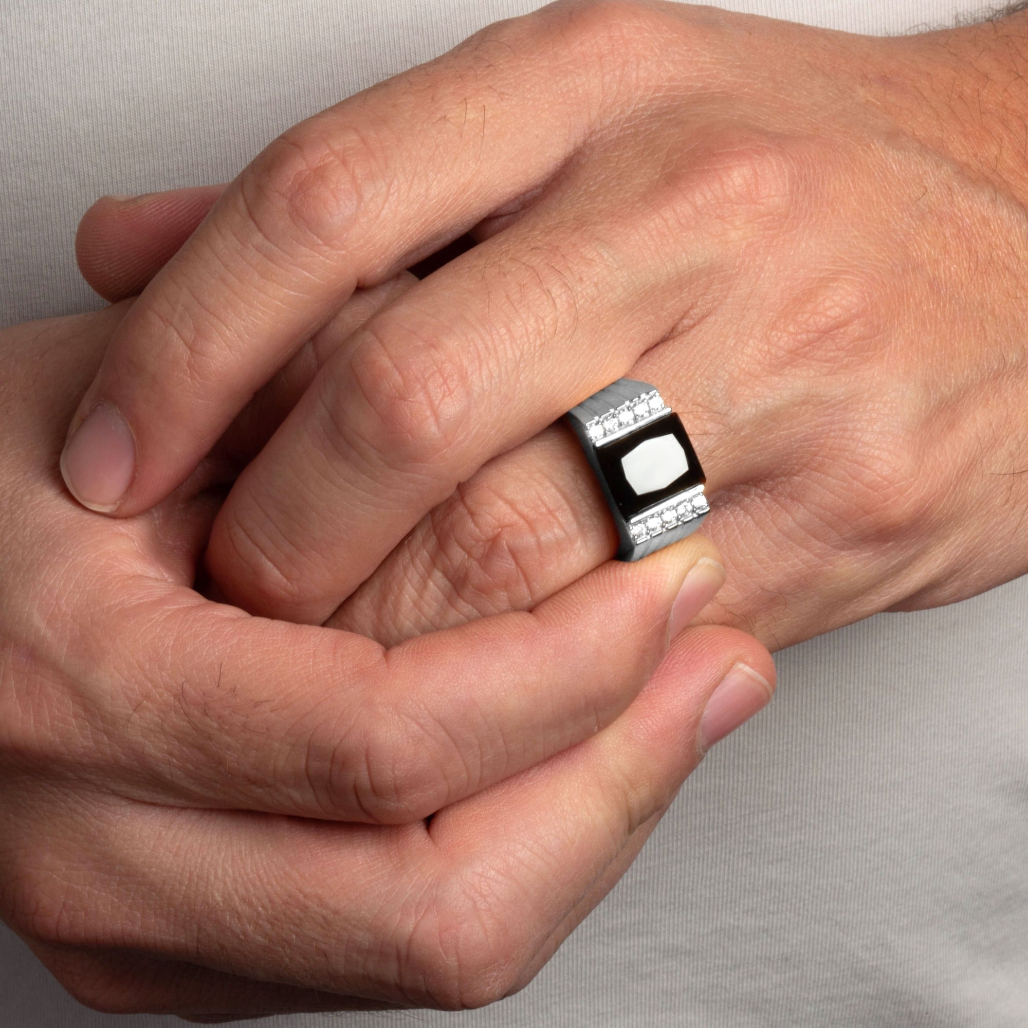 Sterling Silver Black Onyx Birthstone Cubic Zirconia Signet Ring, view 2