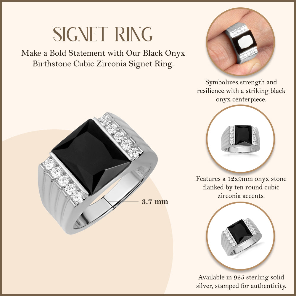 Sterling Silver Black Onyx Birthstone Cubic Zirconia Signet Ring, view 3