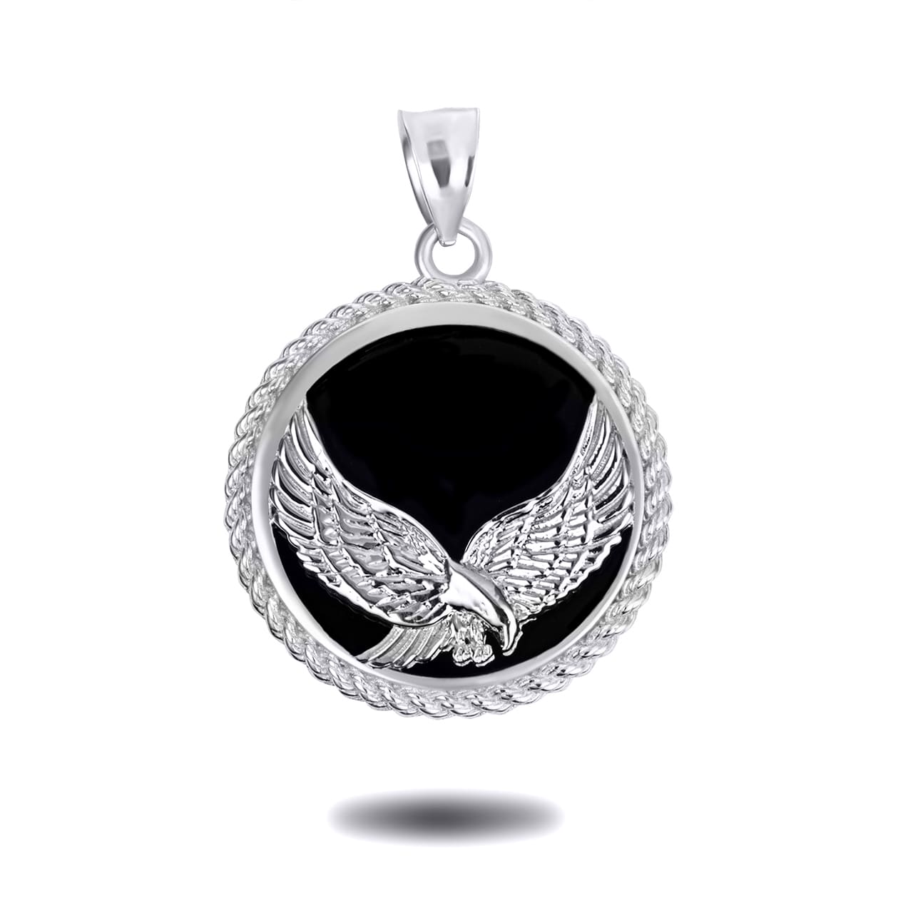 Sterling Silver Black Onyx Eagle Rope Medallion Pendant Necklace