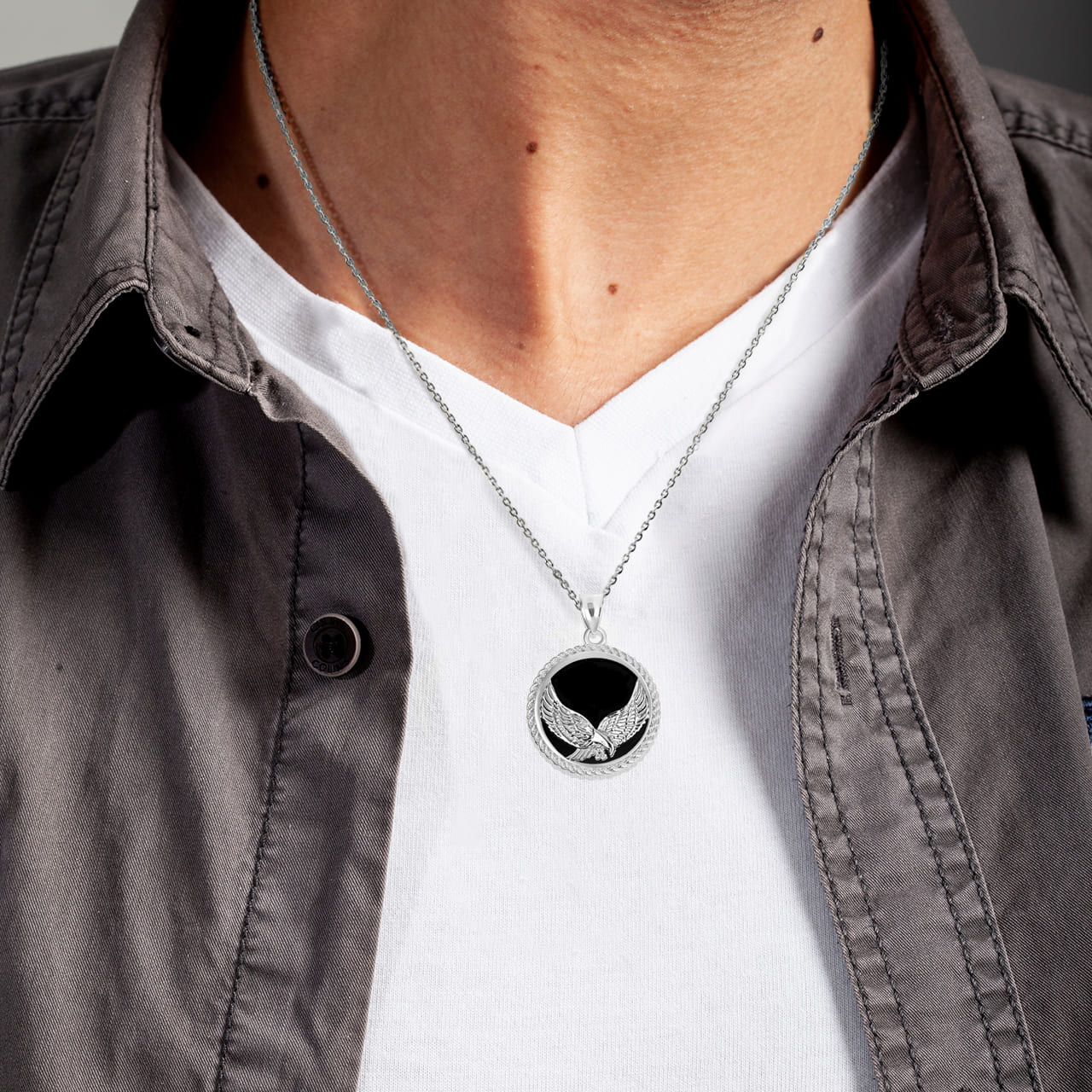 Sterling Silver Black Onyx Eagle Rope Medallion Pendant Necklace, view 2