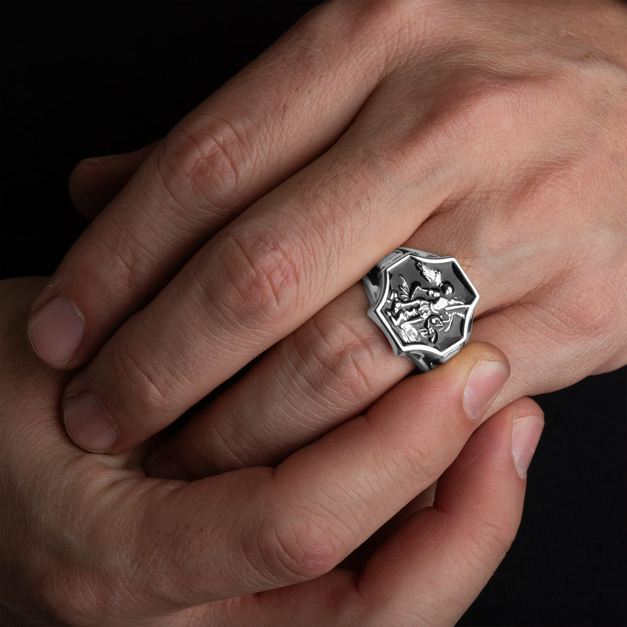Sterling Silver Black Onyx Enamel Saint Michael Archangel Crest Signet Ring, view 2