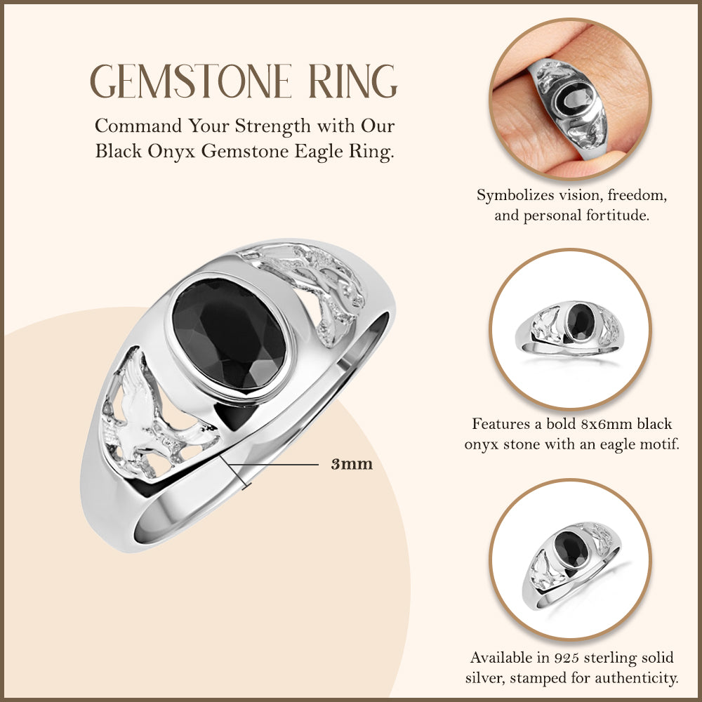 Sterling Silver Black Onyx Gemstone Eagle Ring, view 3