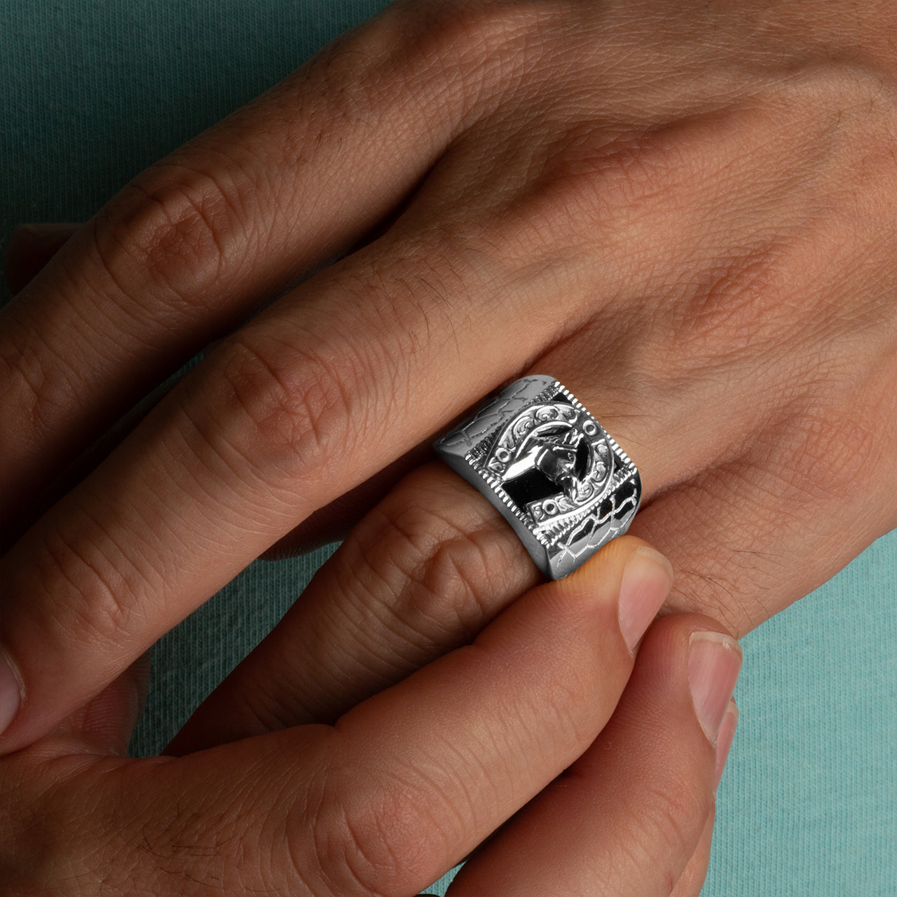 Sterling Silver Black Onyx Horseshoe Nugget Signet Ring, view 2
