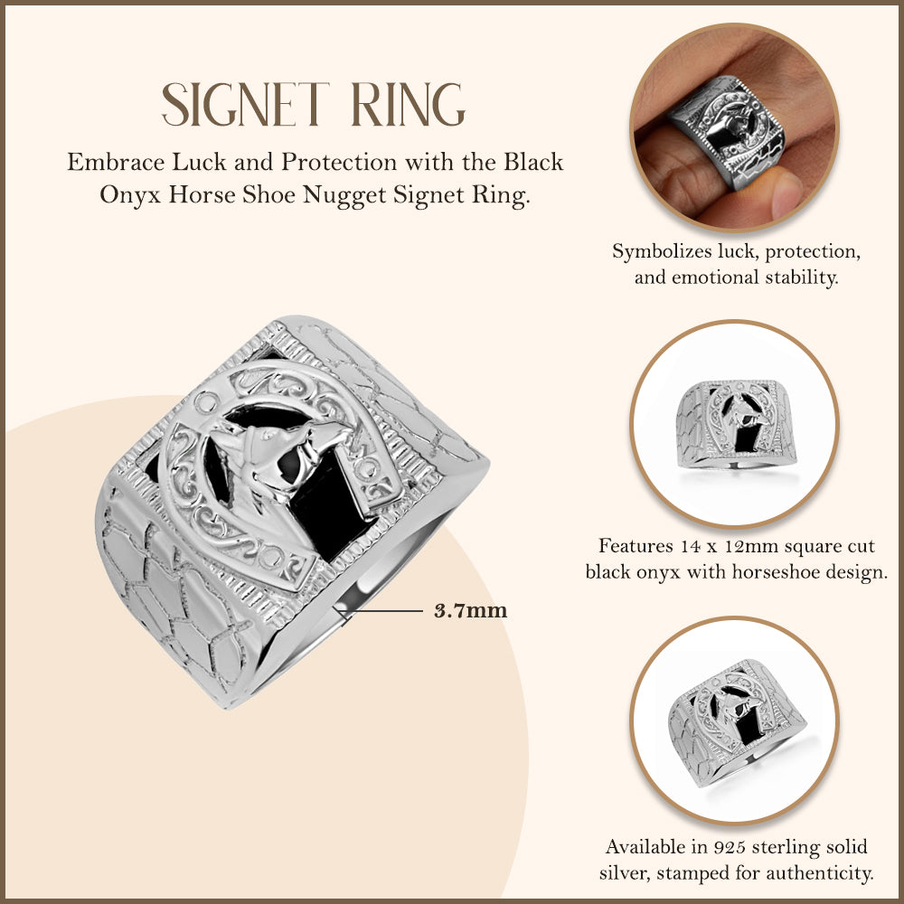 Sterling Silver Black Onyx Horseshoe Nugget Signet Ring, view 3