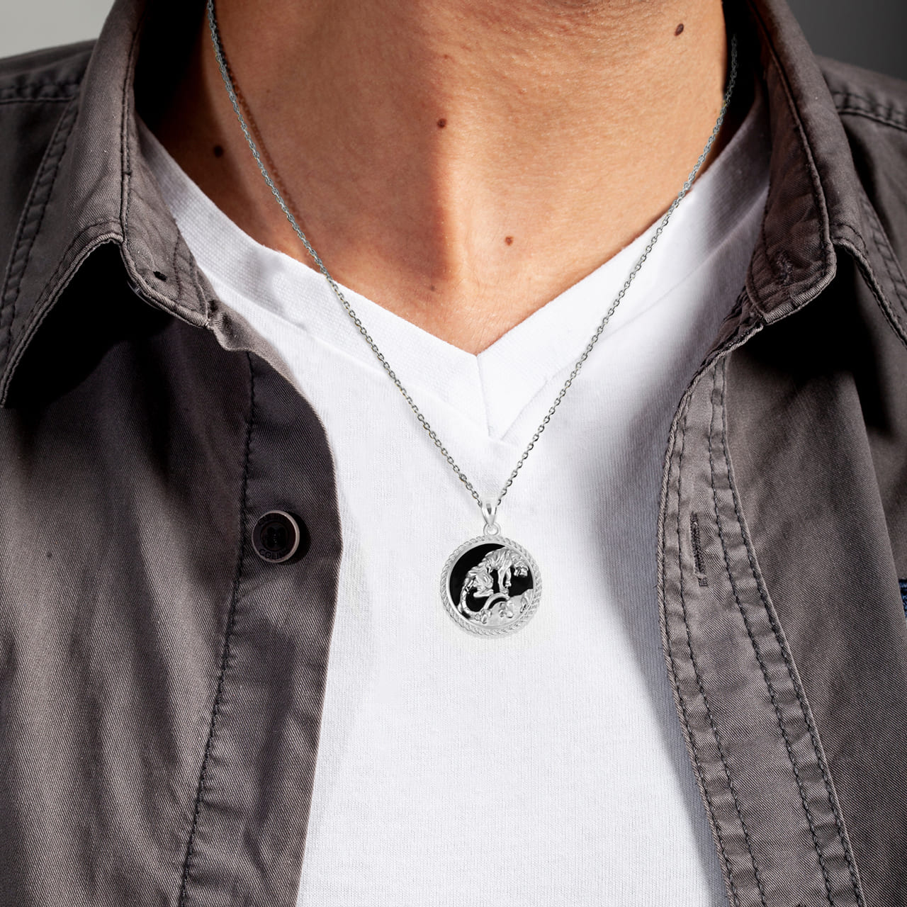 Sterling Silver Black Onyx Tiger Diamond Cut Rope Pendant Necklace, view 2