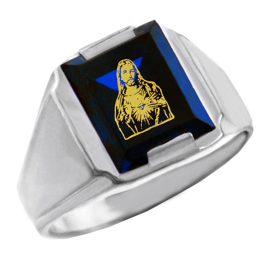 Sterling Silver Blue CZ Stone Sacred Heart Jesus Signet Men's Ring