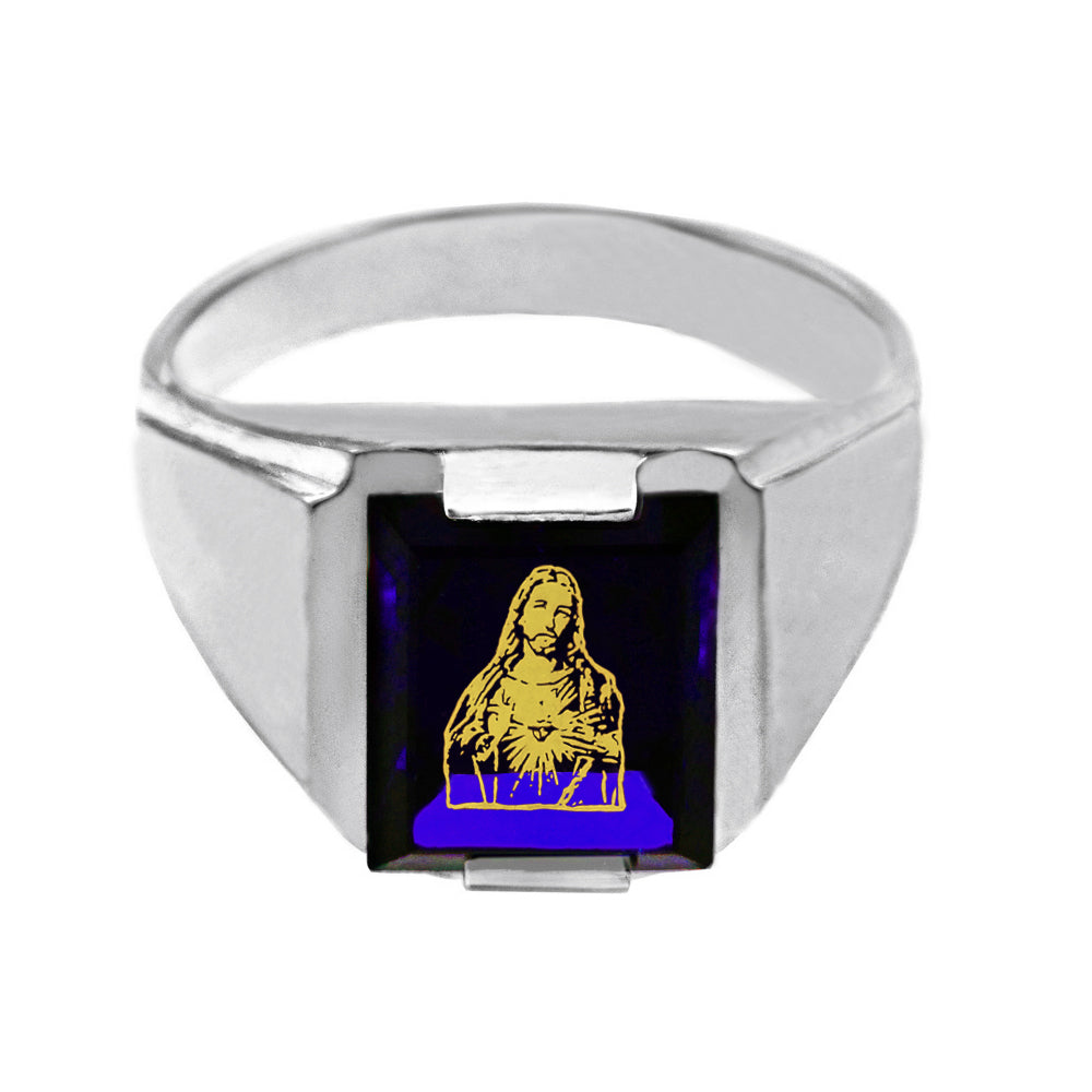 Sterling Silver Blue CZ Stone Sacred Heart Jesus Signet Men's Ring, view 2