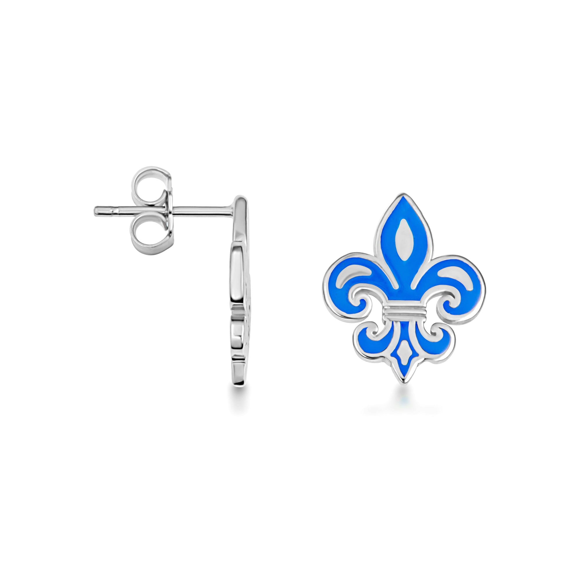 Sterling Silver Blue Enamel French Fleur-de-lis Stud Earrings