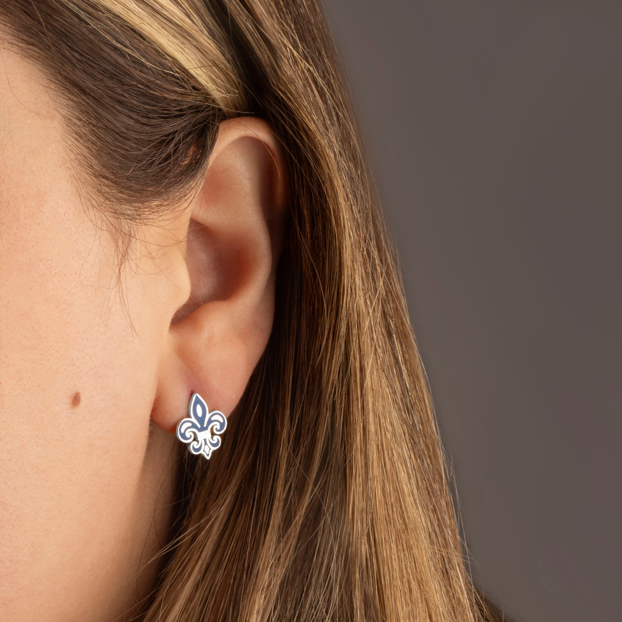 Sterling Silver Blue Enamel French Fleur-de-lis Stud Earrings, view 2