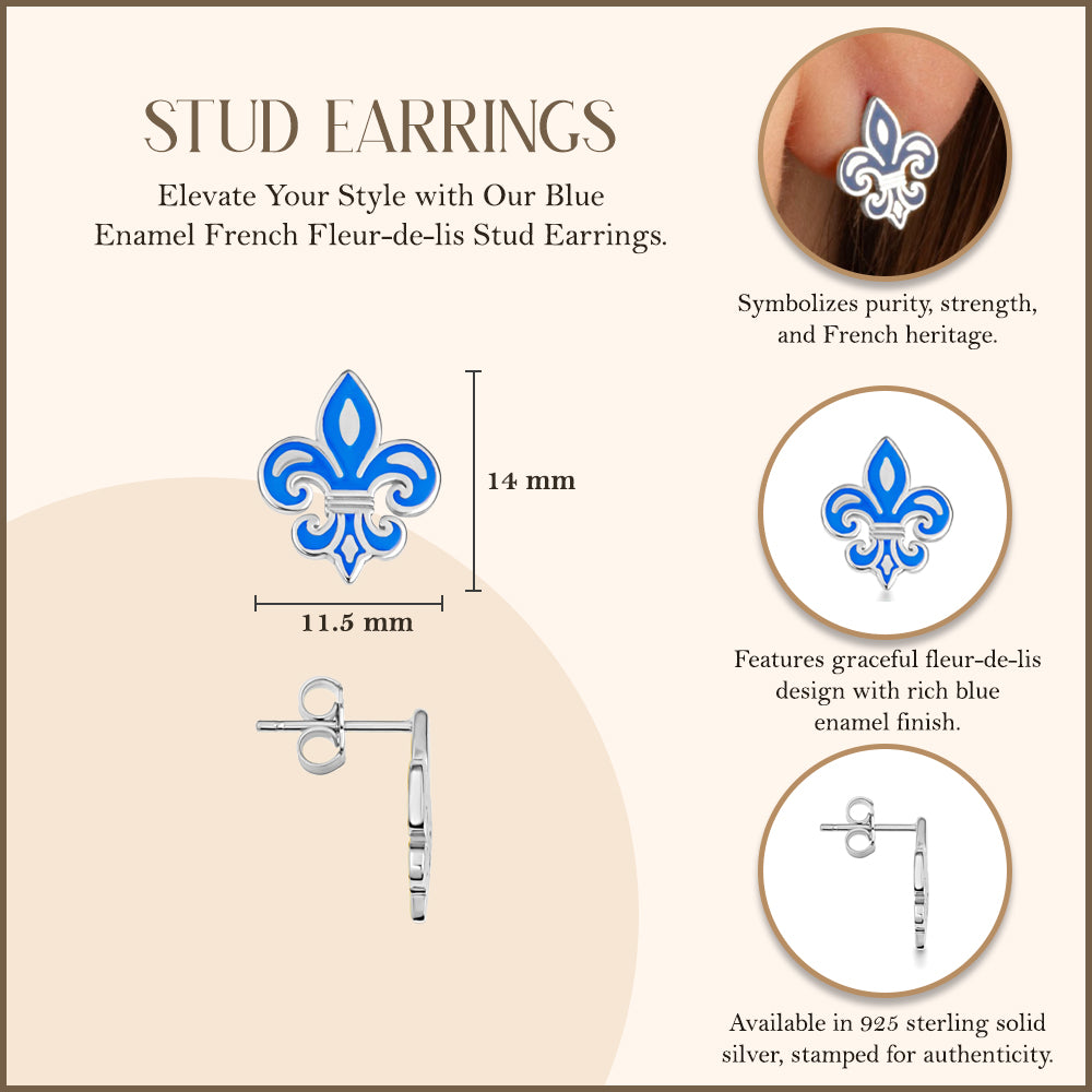 Sterling Silver Blue Enamel French Fleur-de-lis Stud Earrings, view 3